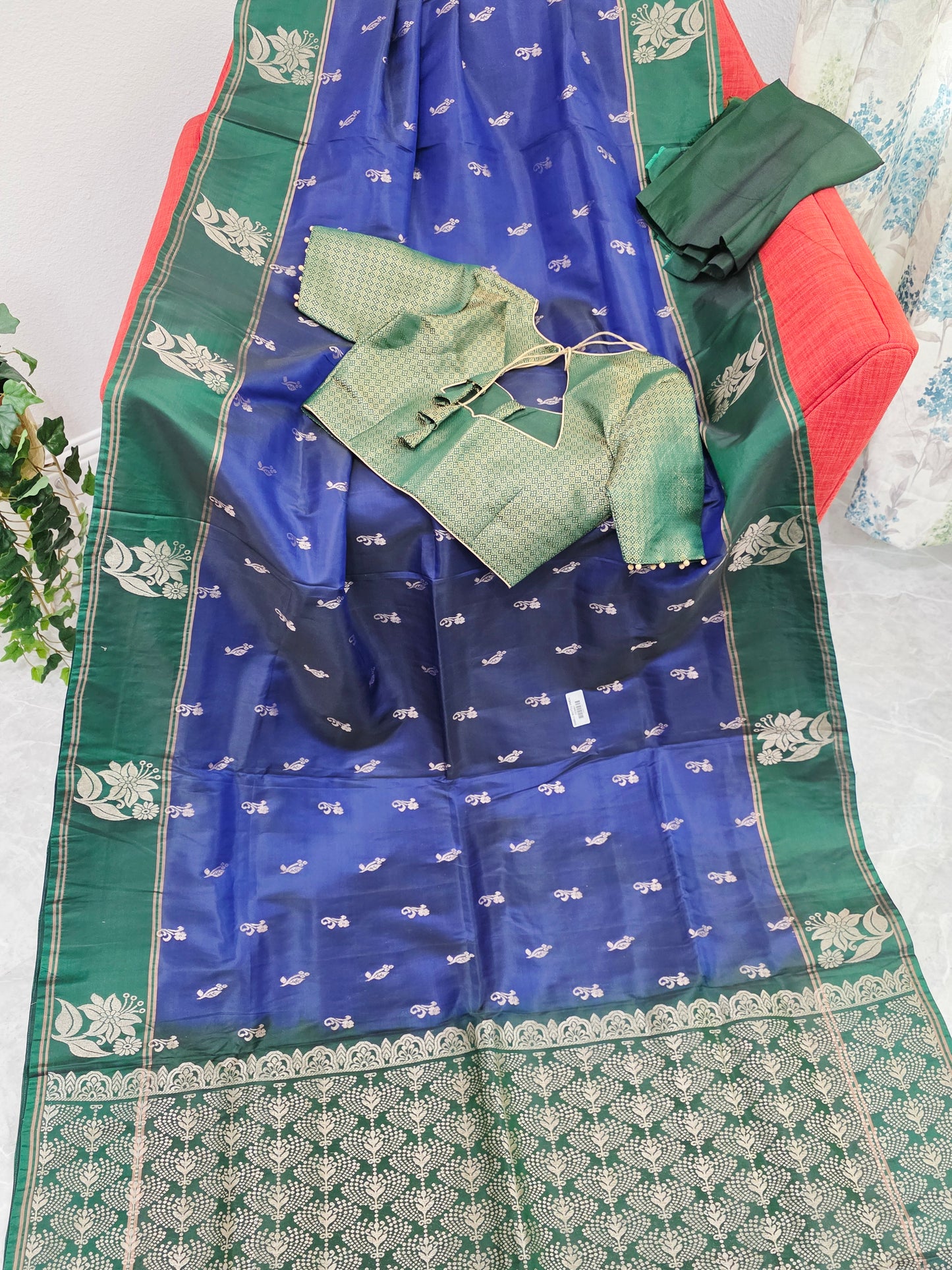 Royal Sapphire Blue Semi Kanchi Soft Silk Saree with Stitched Benarasi Blouse