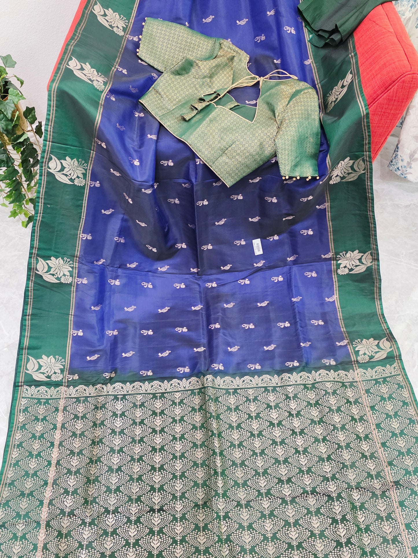Royal Sapphire Blue Semi Kanchi Soft Silk Saree with Stitched Benarasi Blouse