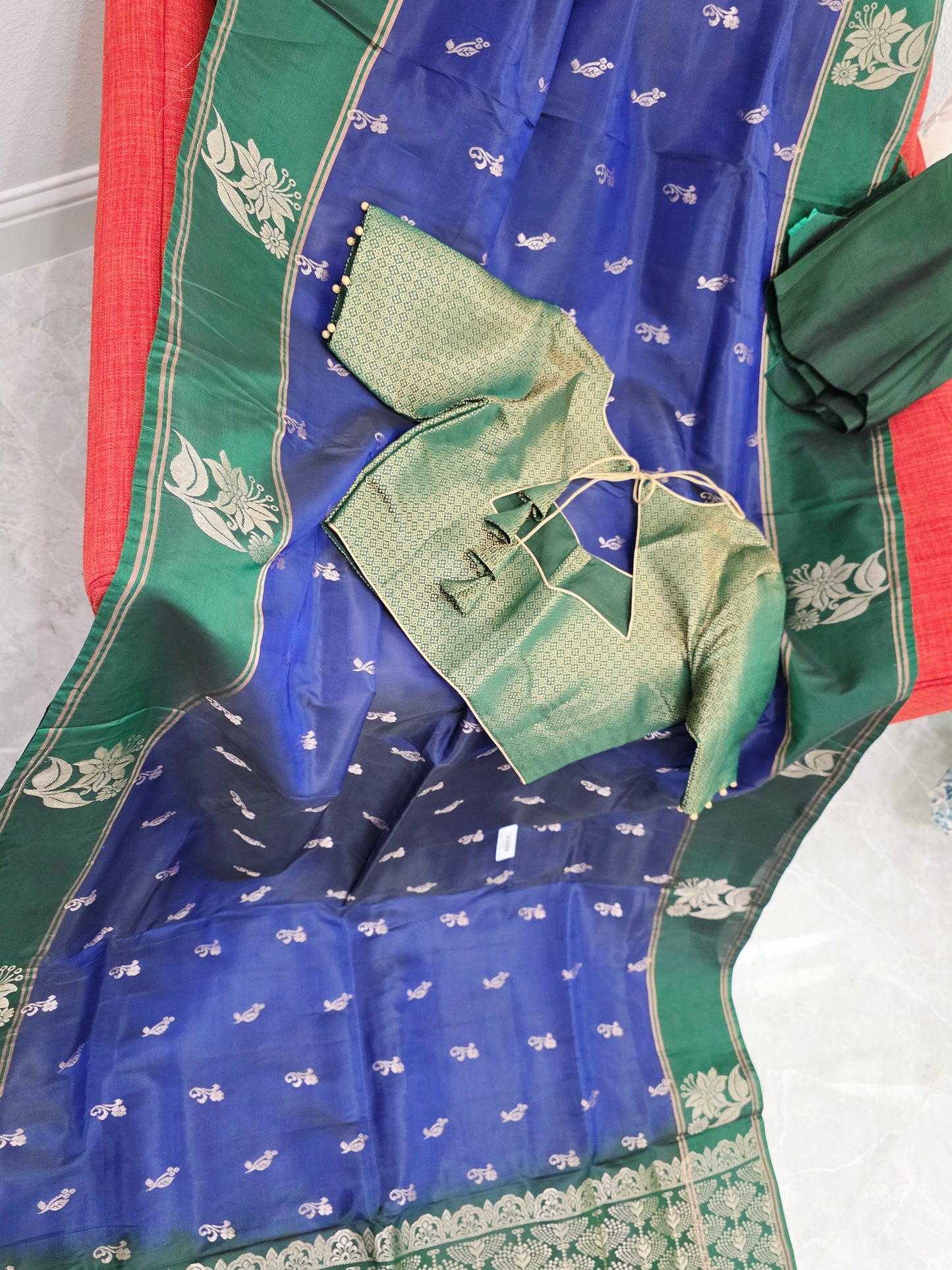 Royal Sapphire Blue Semi Kanchi Soft Silk Saree with Stitched Benarasi Blouse