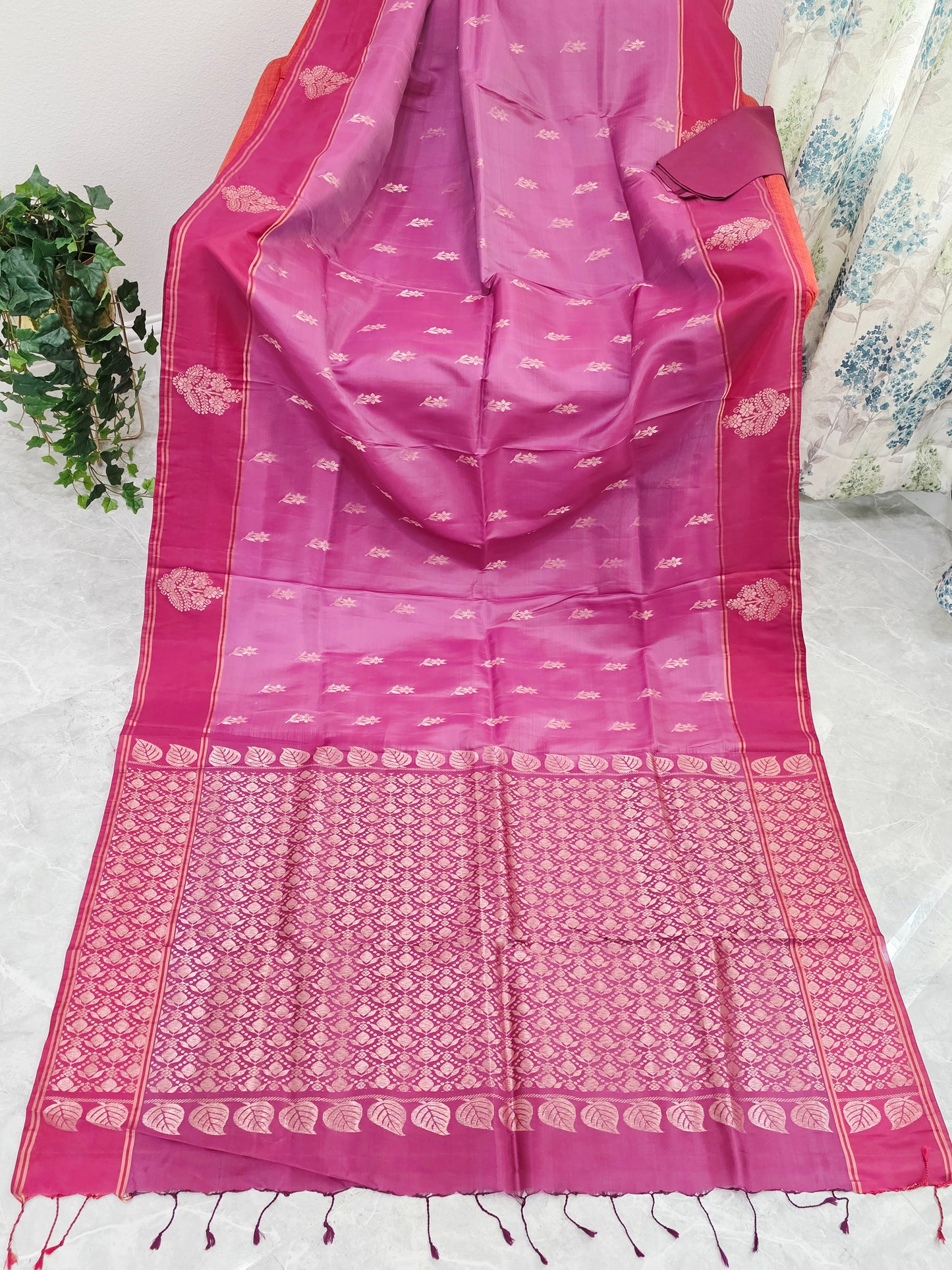 Semi Kanchi Soft Silk Saree in Rose Magenta with Maroon Butta Border