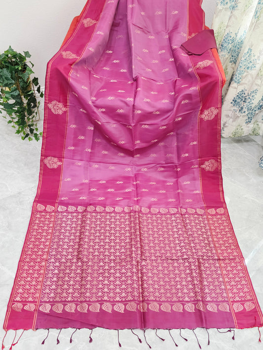 Semi Kanchi Soft Silk Saree in Rose Magenta with Maroon Butta Border