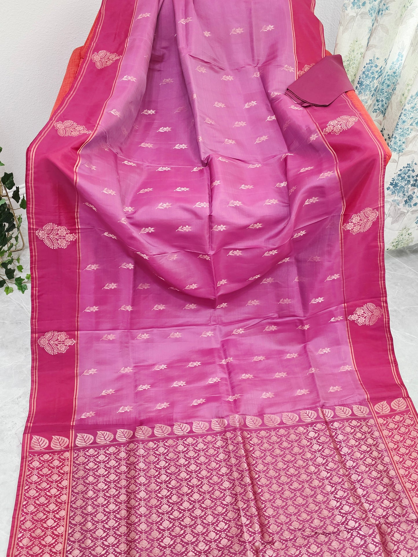 Semi Kanchi Soft Silk Saree in Rose Magenta with Maroon Butta Border
