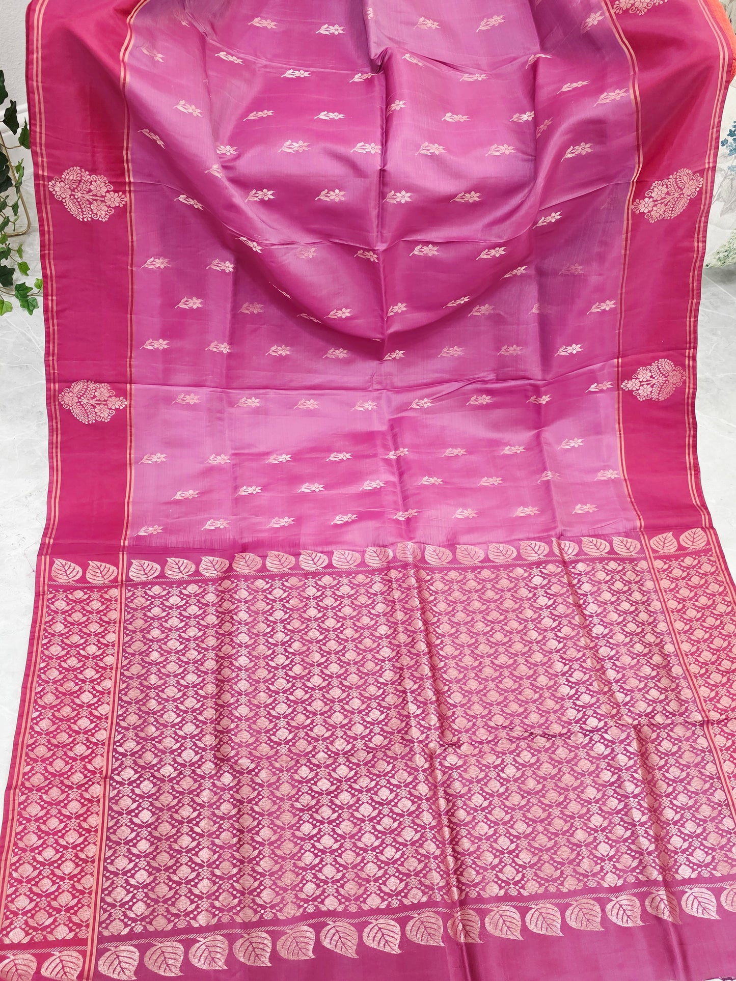 Semi Kanchi Soft Silk Saree in Rose Magenta with Maroon Butta Border