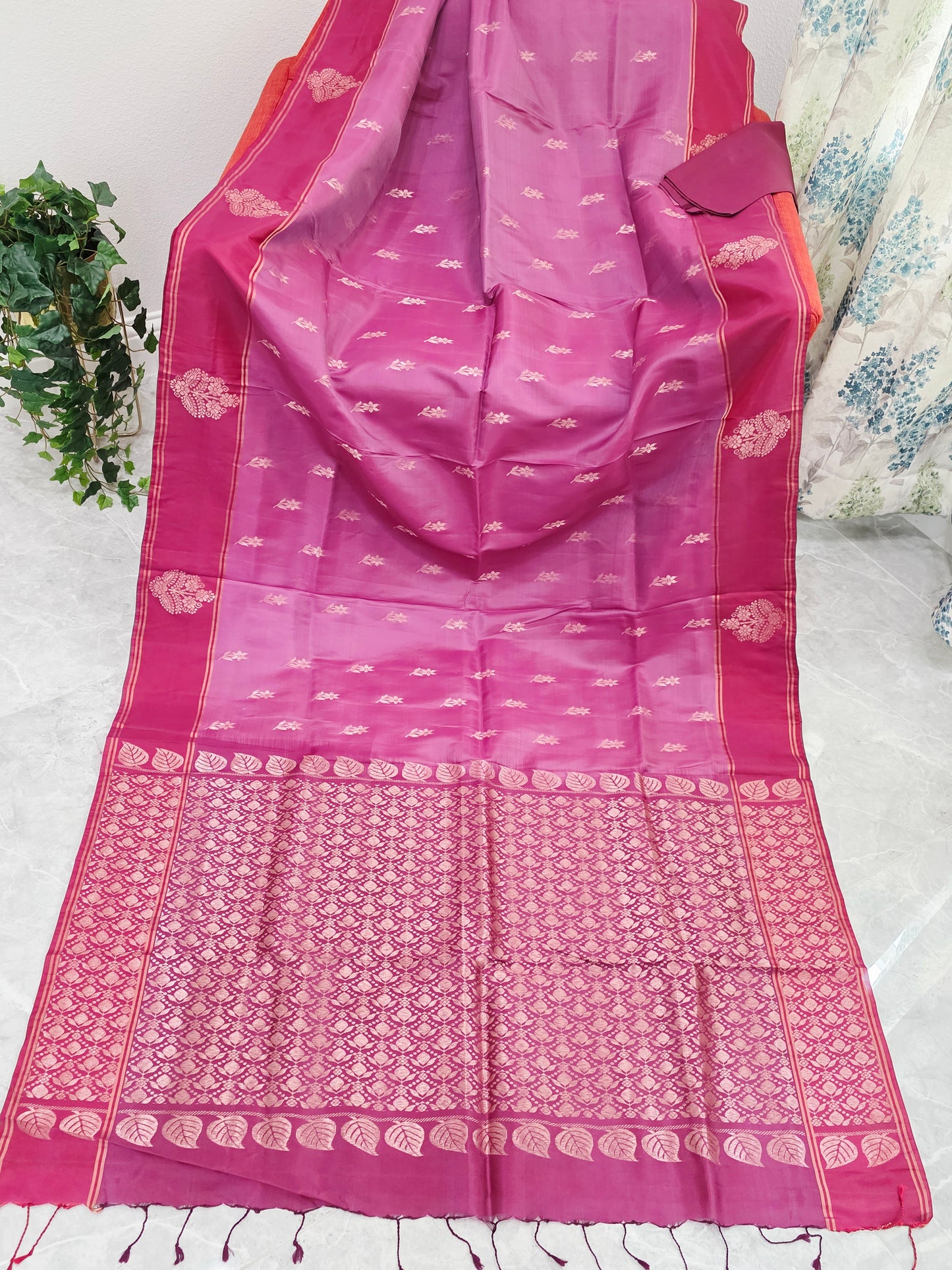 Semi Kanchi Soft Silk Saree in Rose Magenta with Maroon Butta Border