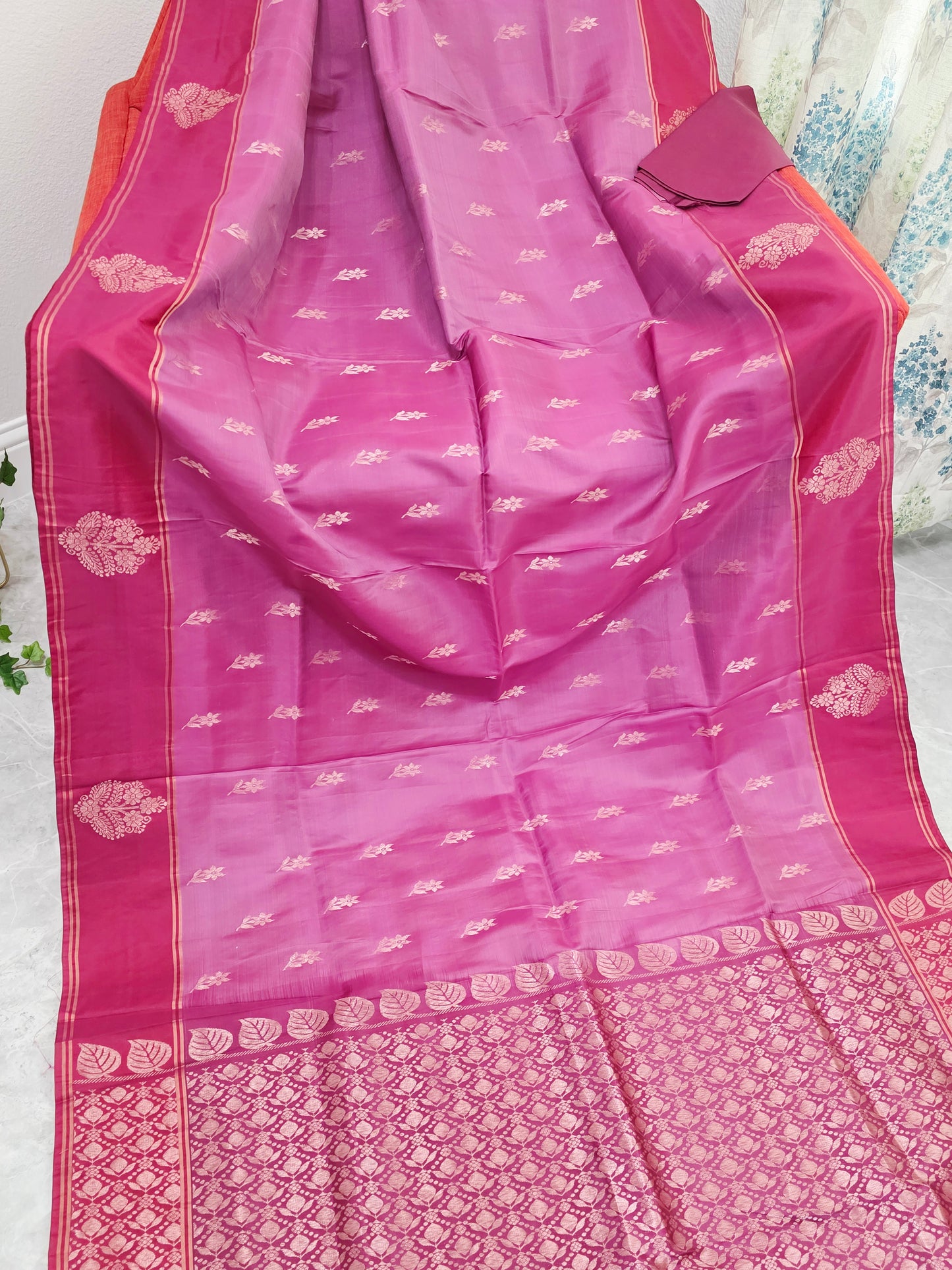 Semi Kanchi Soft Silk Saree in Rose Magenta with Maroon Butta Border