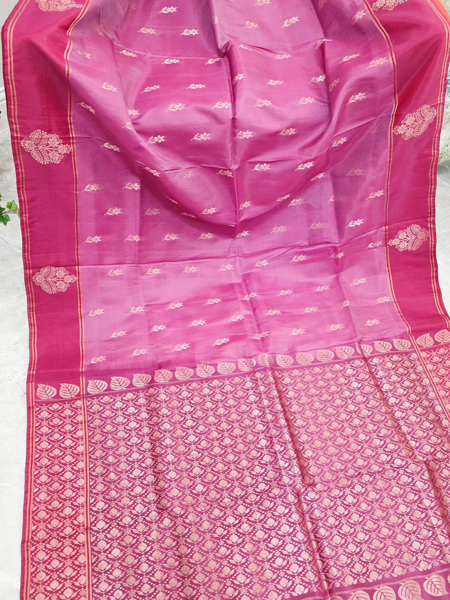 Semi Kanchi Soft Silk Saree in Rose Magenta with Maroon Butta Border