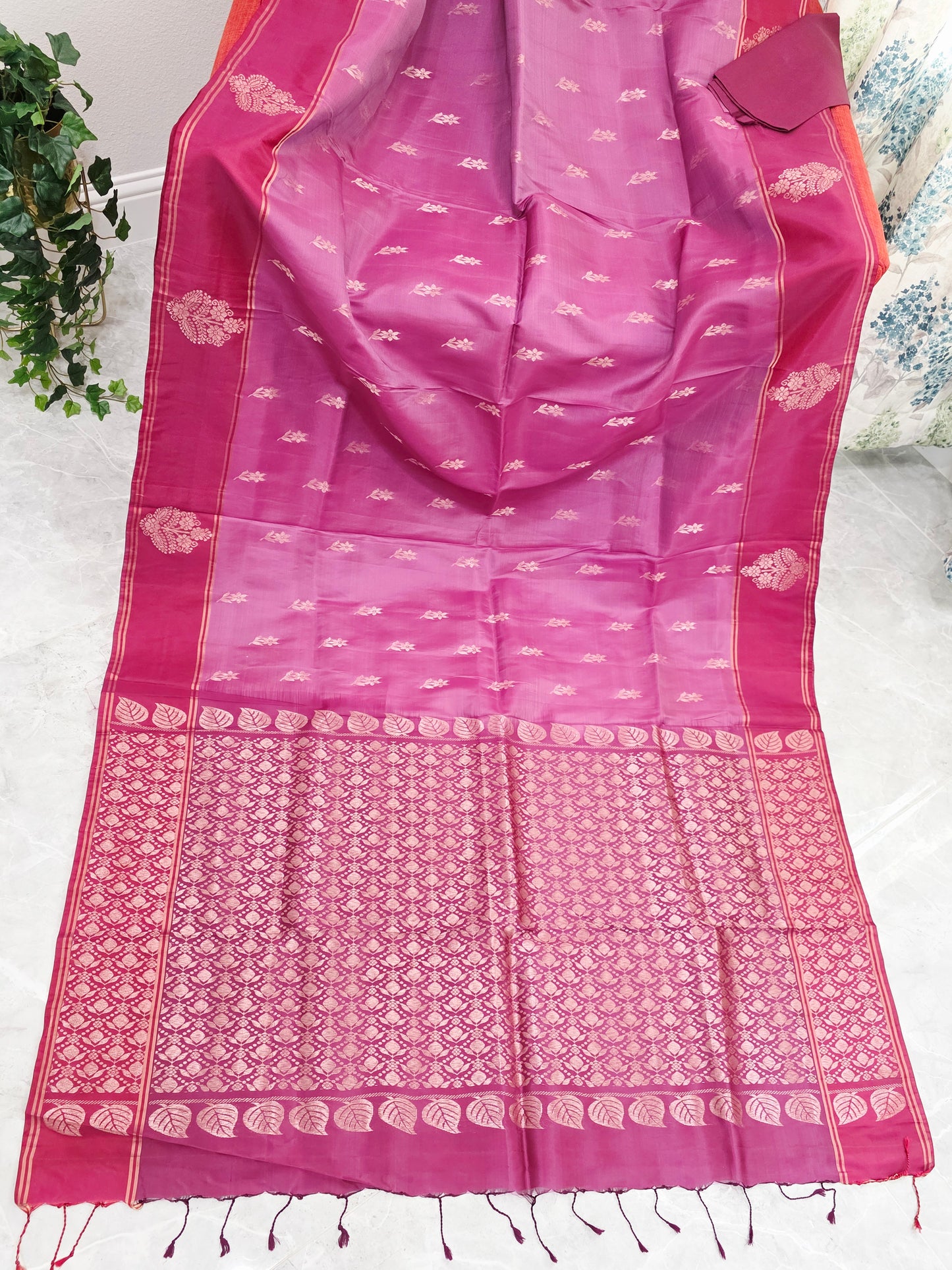 Semi Kanchi Soft Silk Saree in Rose Magenta with Maroon Butta Border