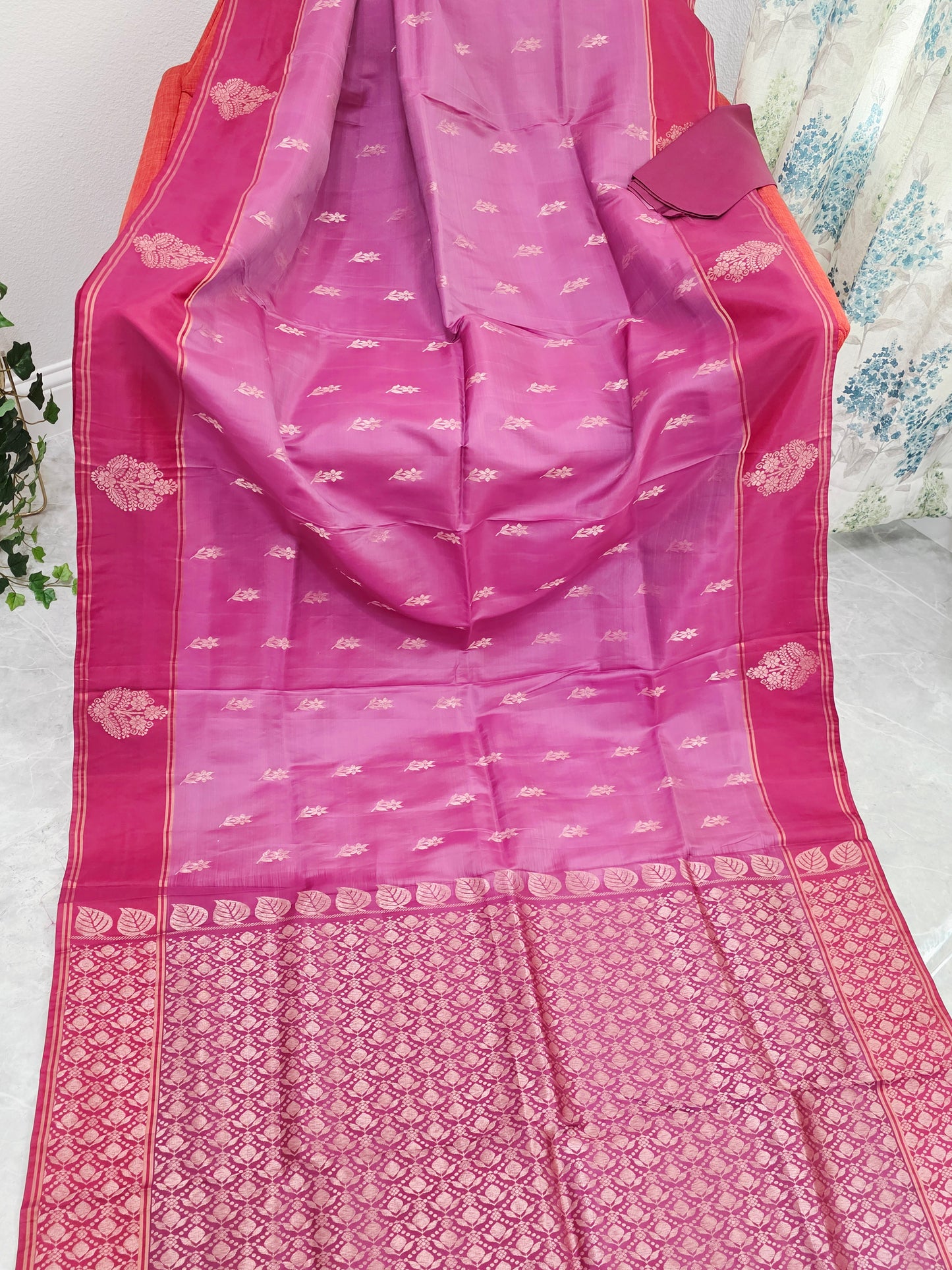 Semi Kanchi Soft Silk Saree in Rose Magenta with Maroon Butta Border