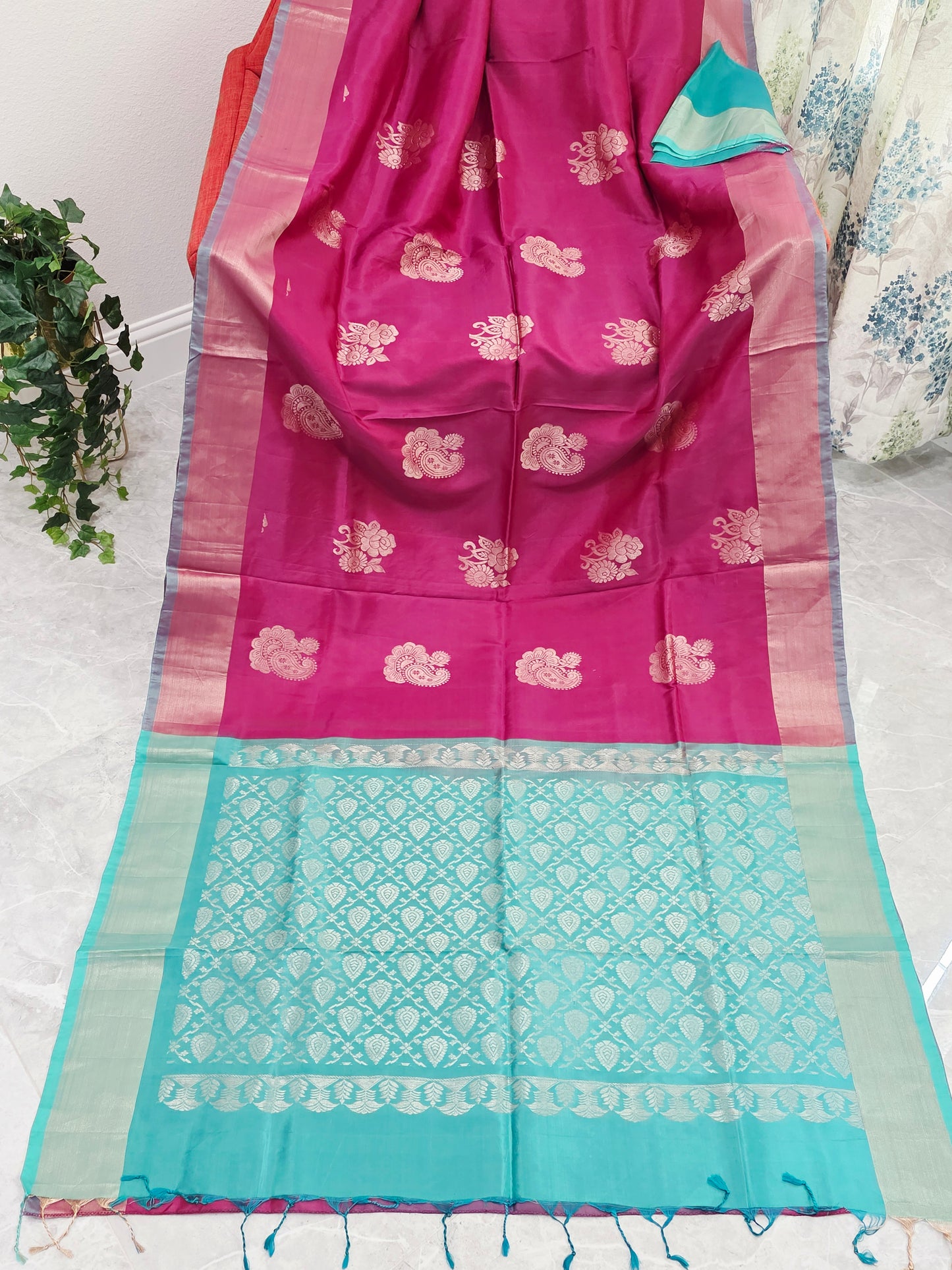 Royal Magenta Semi Kanchi Soft Silk Saree with Aqua Zari Pallu