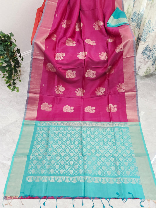 Royal Magenta Semi Kanchi Soft Silk Saree with Aqua Zari Pallu