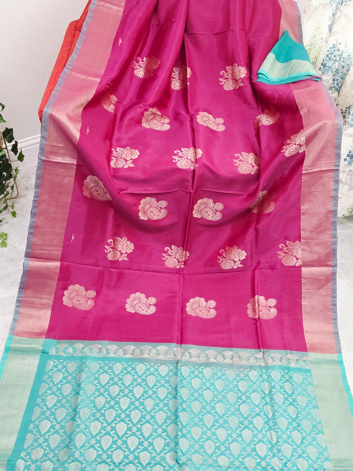 Royal Magenta Semi Kanchi Soft Silk Saree with Aqua Zari Pallu