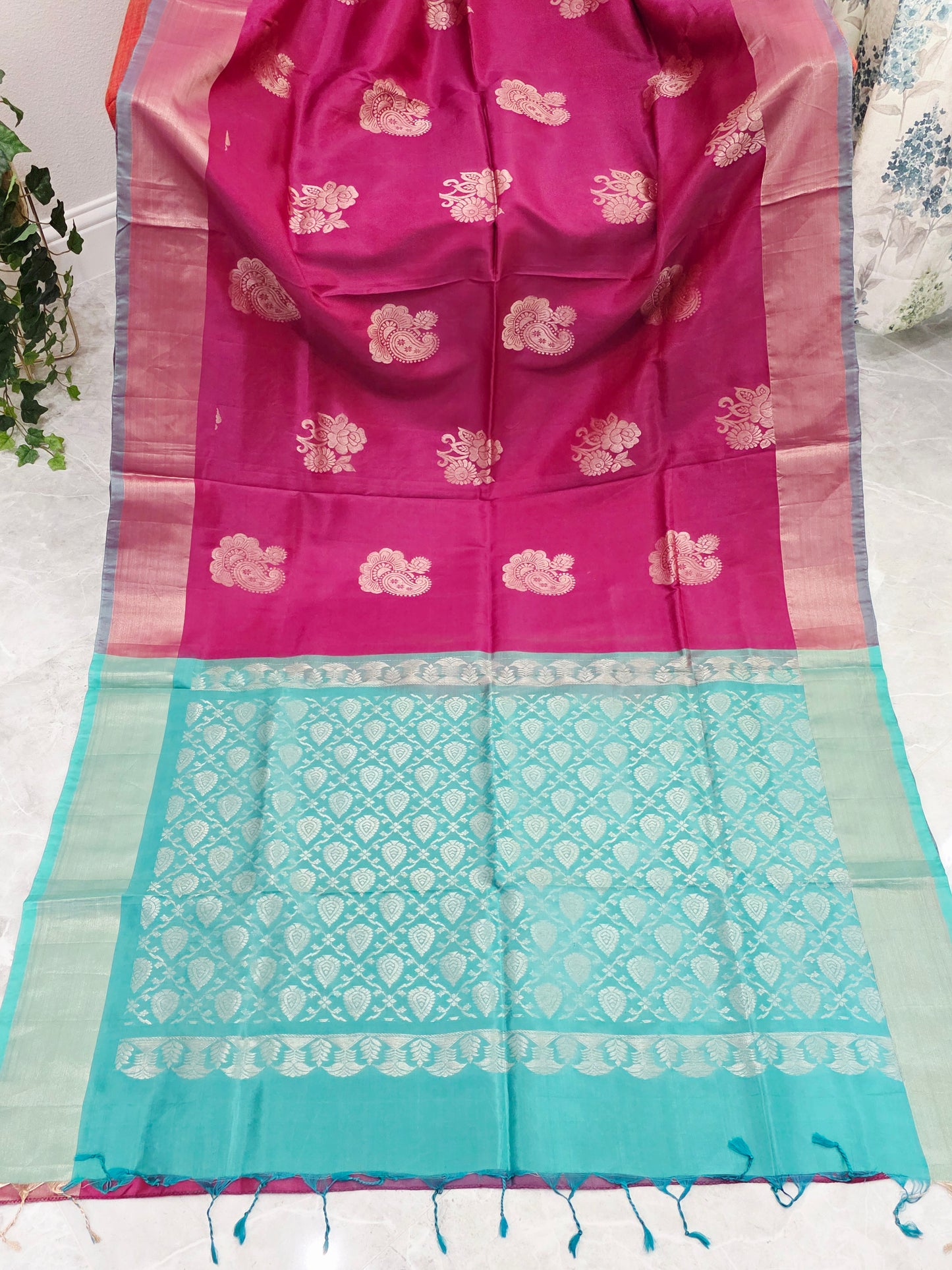 Royal Magenta Semi Kanchi Soft Silk Saree with Aqua Zari Pallu