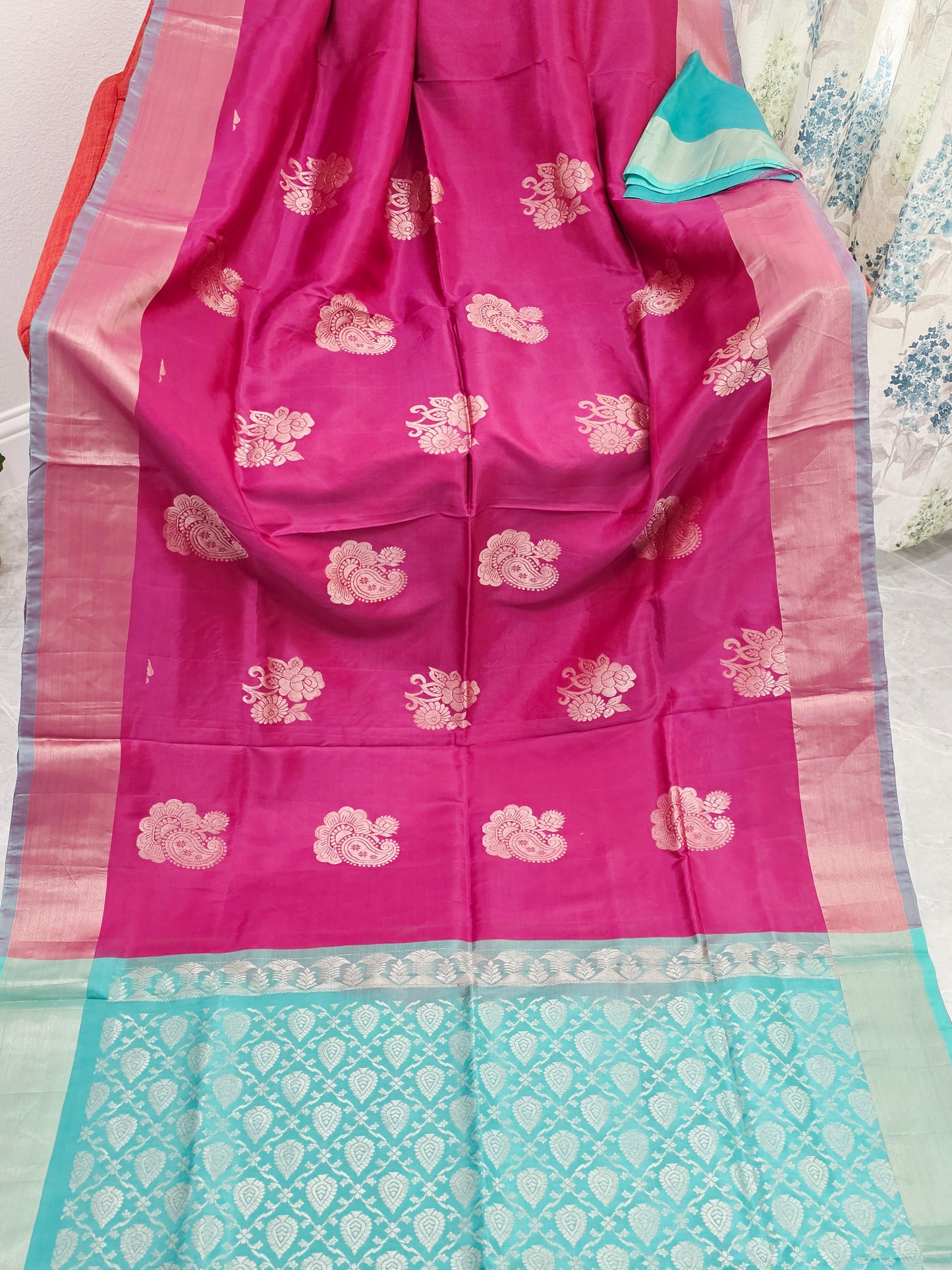 Royal Magenta Semi Kanchi Soft Silk Saree with Aqua Zari Pallu