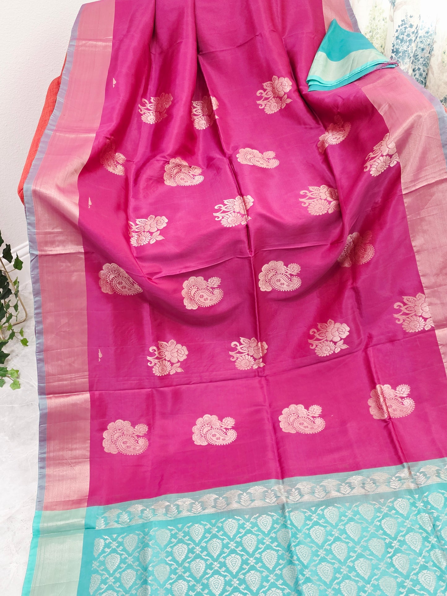 Royal Magenta Semi Kanchi Soft Silk Saree with Aqua Zari Pallu