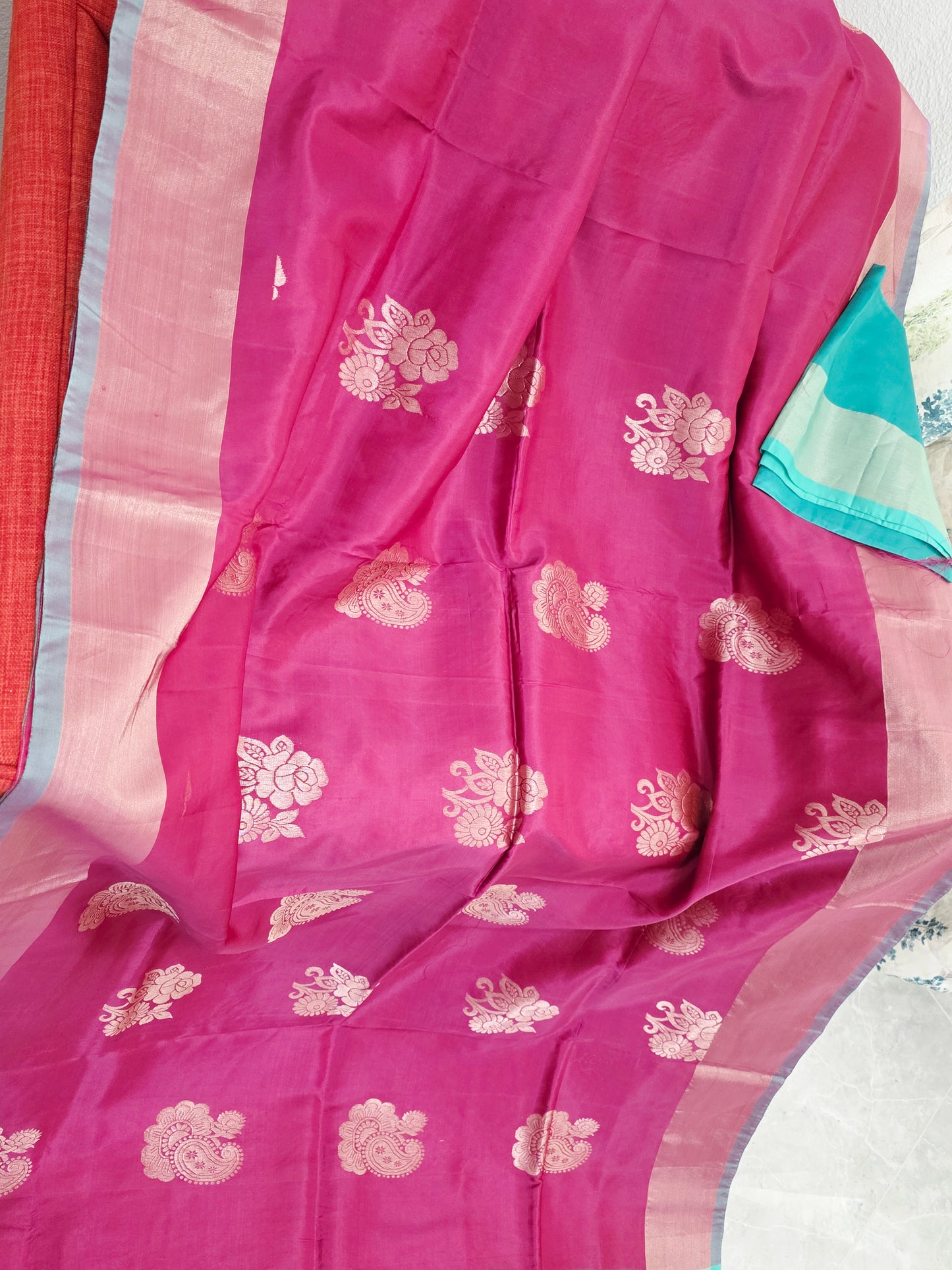 Royal Magenta Semi Kanchi Soft Silk Saree with Aqua Zari Pallu