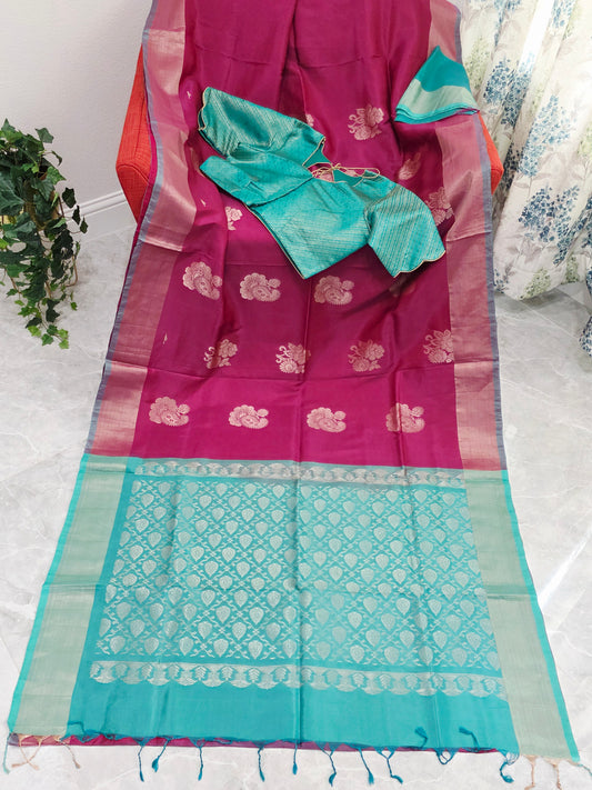 Royal Magenta Semi Kanchi Soft Silk Saree with Aqua Zari Pallu & Benarasi Stitched Blouse