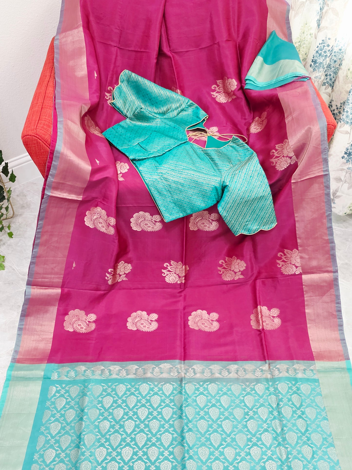 Royal Magenta Semi Kanchi Soft Silk Saree with Aqua Zari Pallu & Benarasi Stitched Blouse