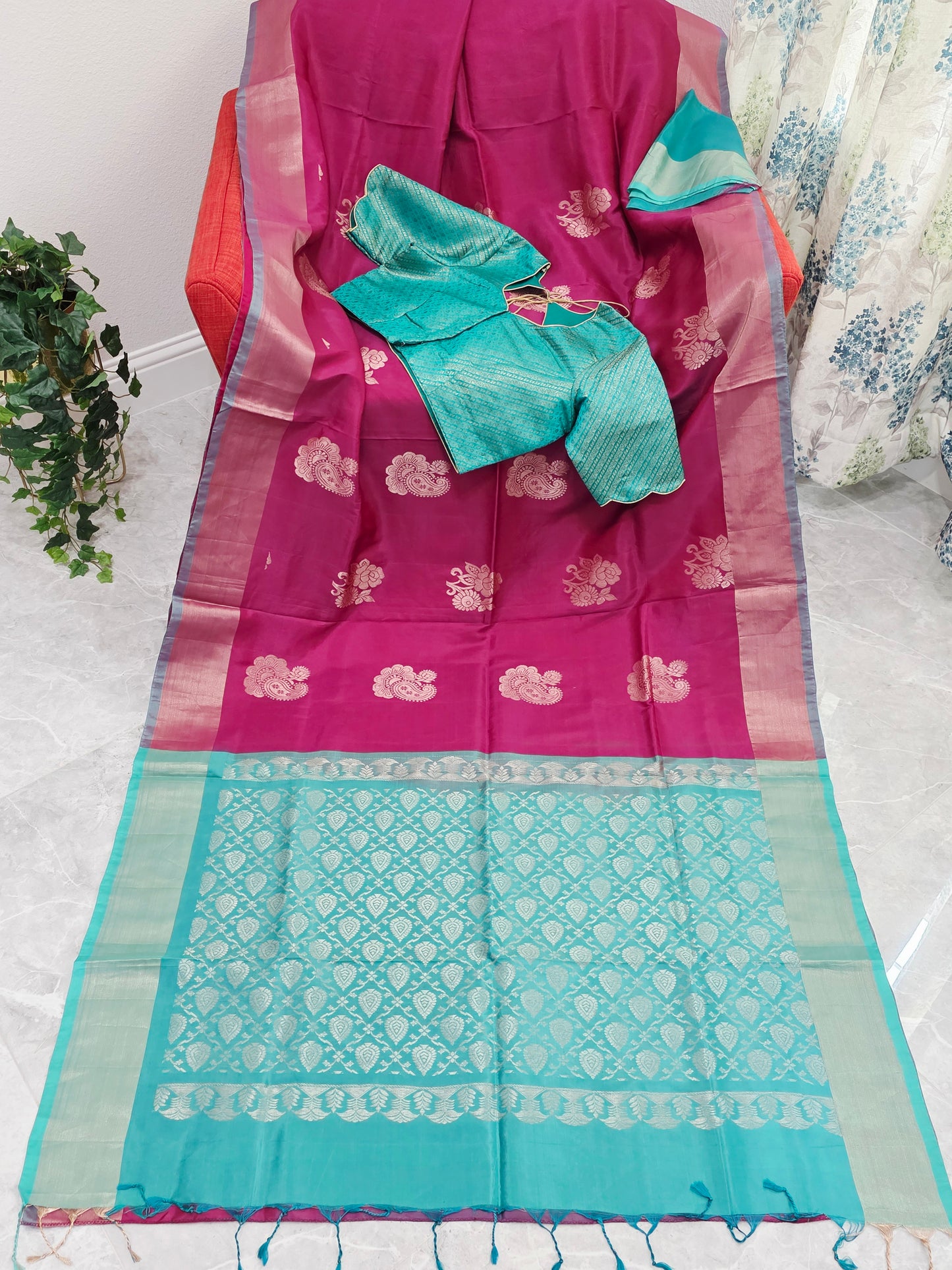 Royal Magenta Semi Kanchi Soft Silk Saree with Aqua Zari Pallu & Benarasi Stitched Blouse