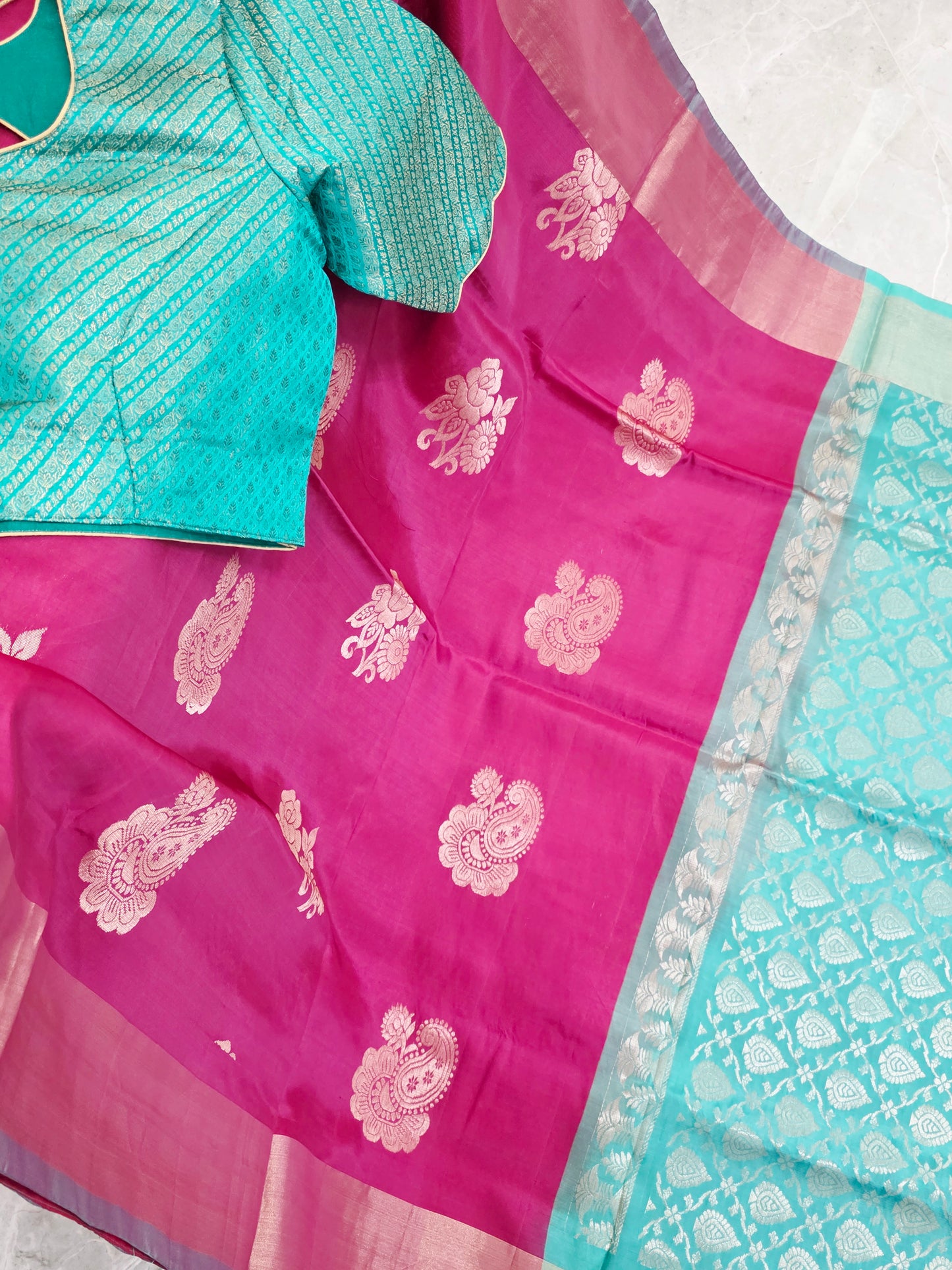 Royal Magenta Semi Kanchi Soft Silk Saree with Aqua Zari Pallu & Benarasi Stitched Blouse
