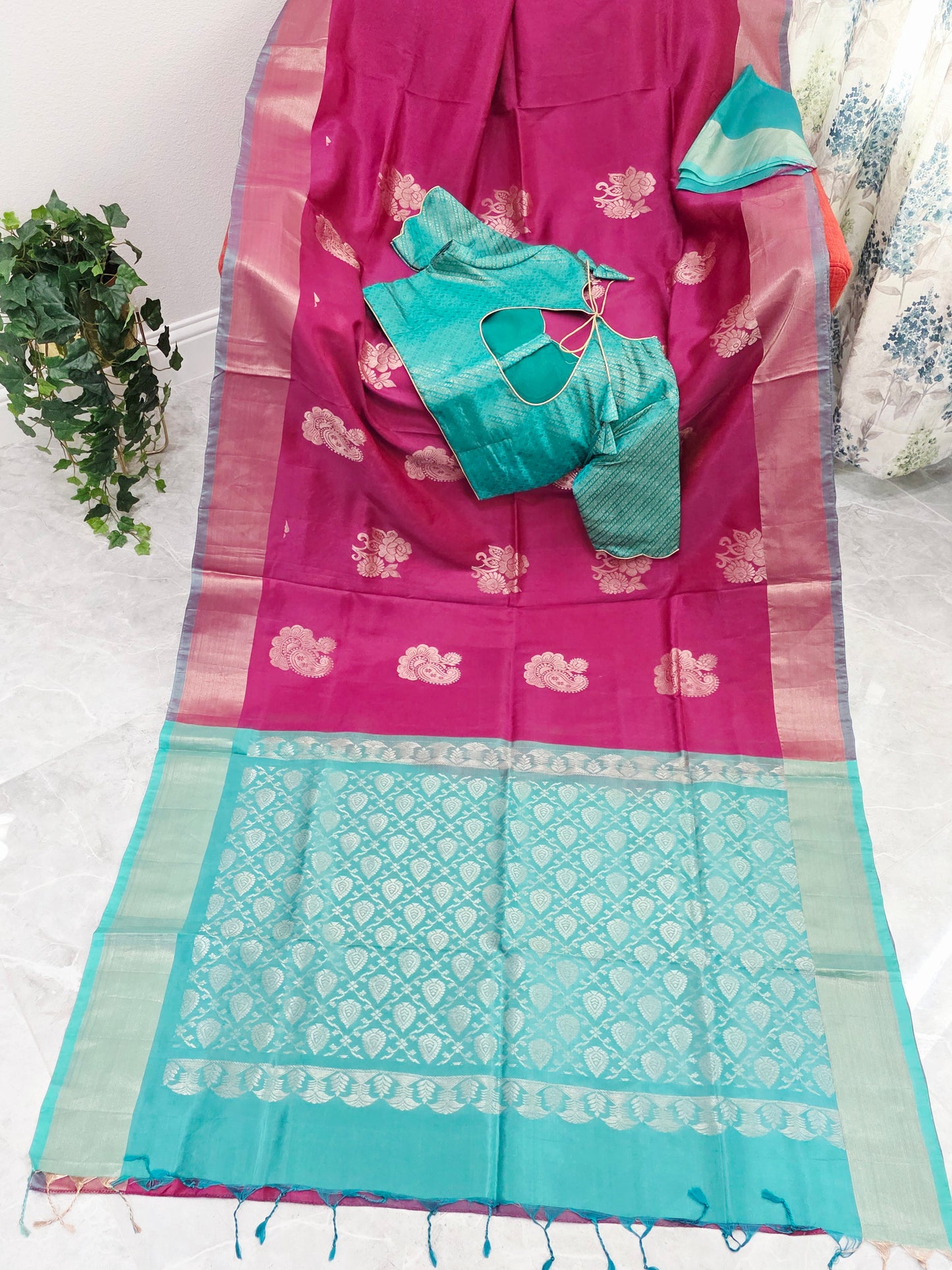 Royal Magenta Semi Kanchi Soft Silk Saree with Aqua Zari Pallu & Benarasi Stitched Blouse