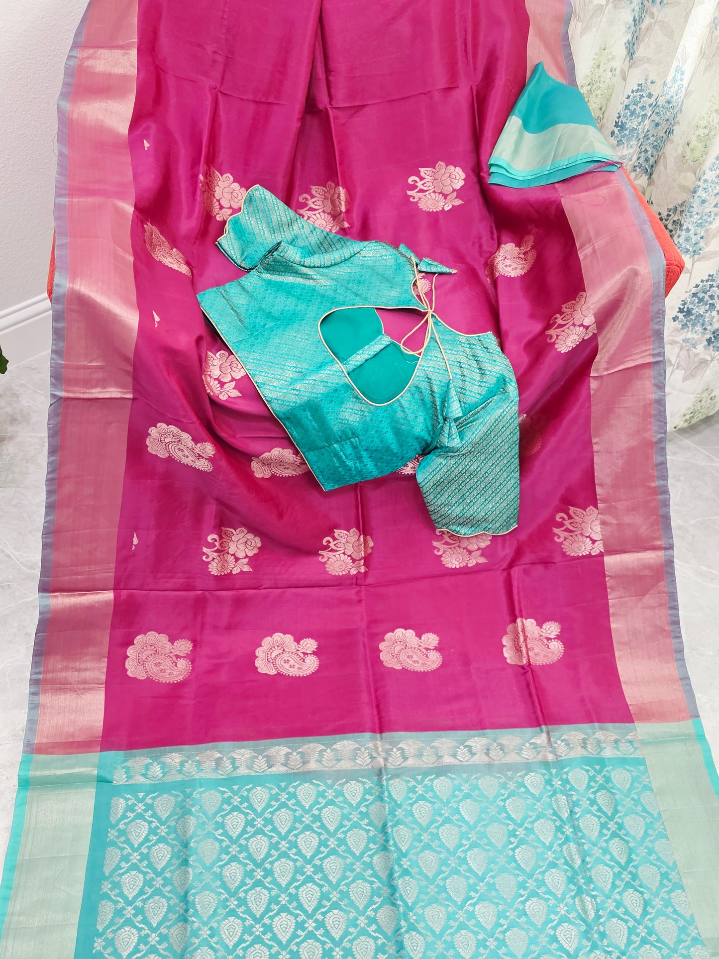 Royal Magenta Semi Kanchi Soft Silk Saree with Aqua Zari Pallu & Benarasi Stitched Blouse