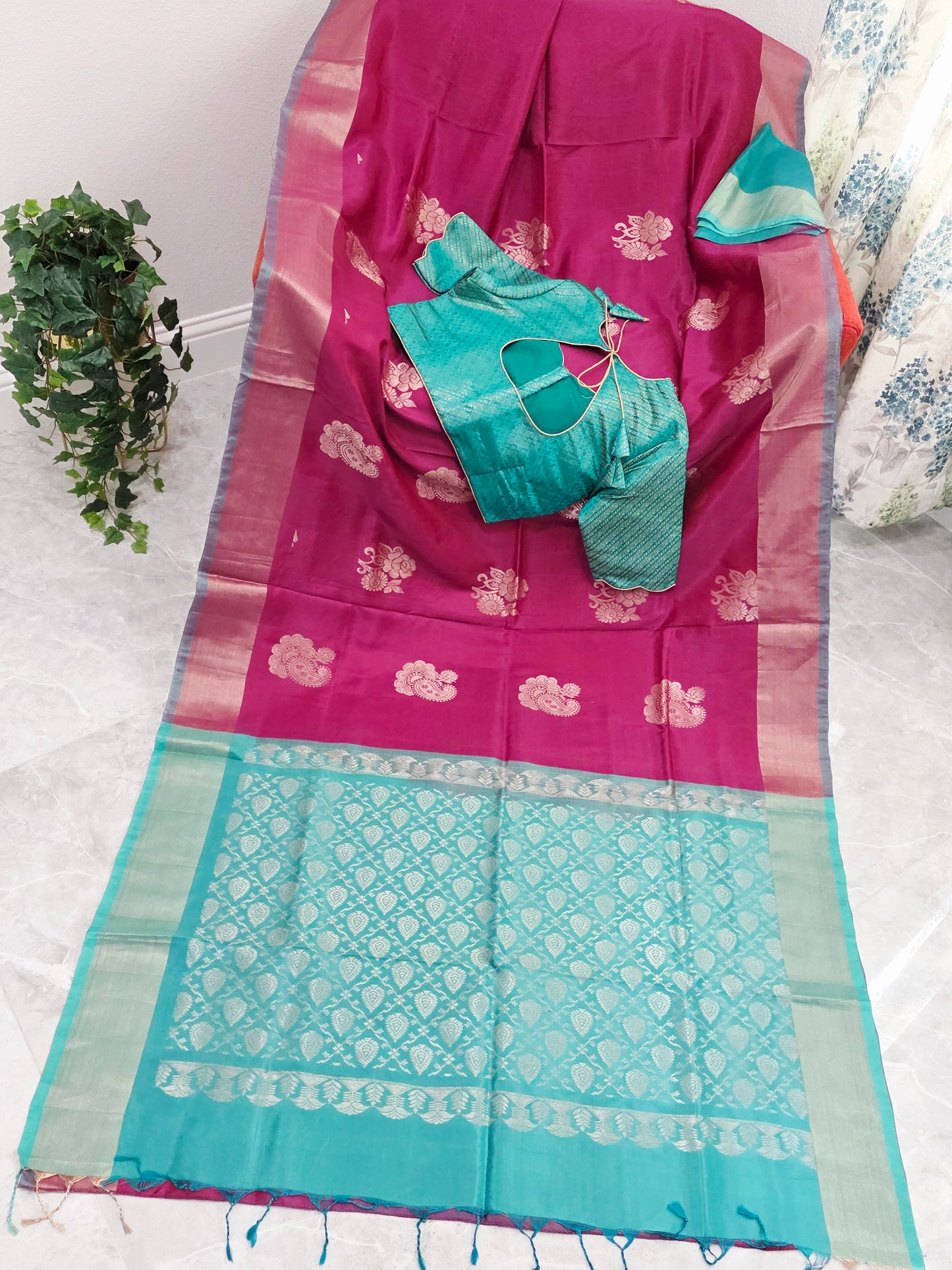 Royal Magenta Semi Kanchi Soft Silk Saree with Aqua Zari Pallu & Benarasi Stitched Blouse