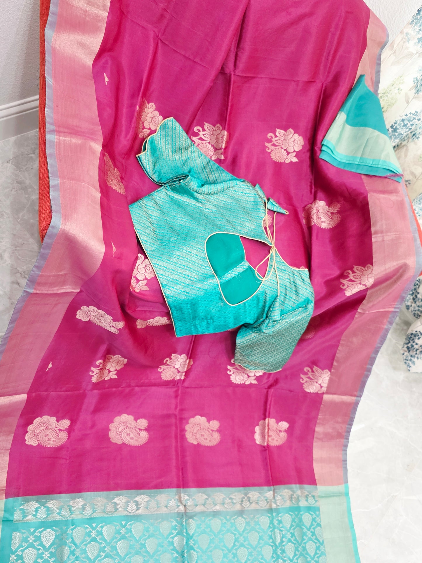 Royal Magenta Semi Kanchi Soft Silk Saree with Aqua Zari Pallu & Benarasi Stitched Blouse