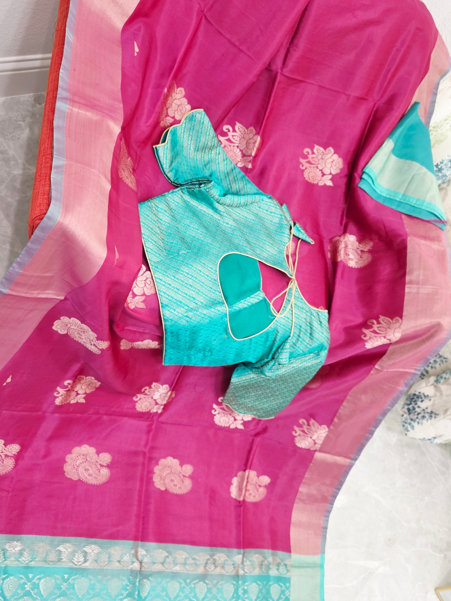 Royal Magenta Semi Kanchi Soft Silk Saree with Aqua Zari Pallu & Benarasi Stitched Blouse