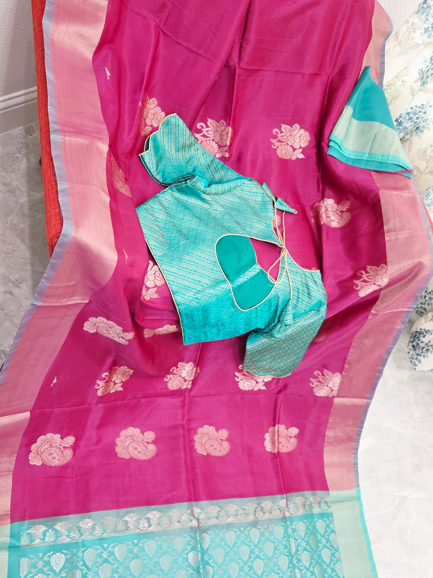 Royal Magenta Semi Kanchi Soft Silk Saree with Aqua Zari Pallu & Benarasi Stitched Blouse