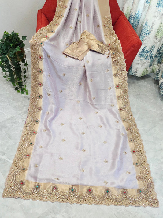 Champagne Lavender Aura Pure Kanjeevaram Tissue Saree with Hand Embroidery | Luxury Party Wear with Stitched Blouse