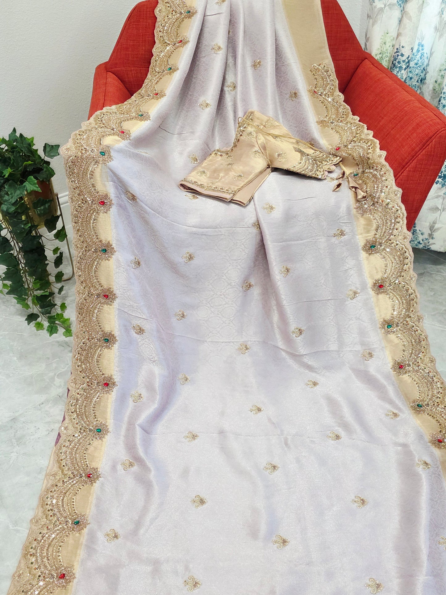 Champagne Lavender Aura Pure Kanjeevaram Tissue Saree with Hand Embroidery | Luxury Party Wear with Stitched Blouse