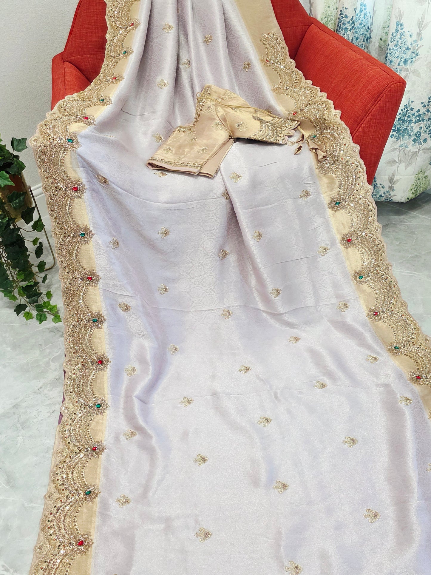 Champagne Lavender Aura Pure Kanjeevaram Tissue Saree with Hand Embroidery | Luxury Party Wear with Stitched Blouse