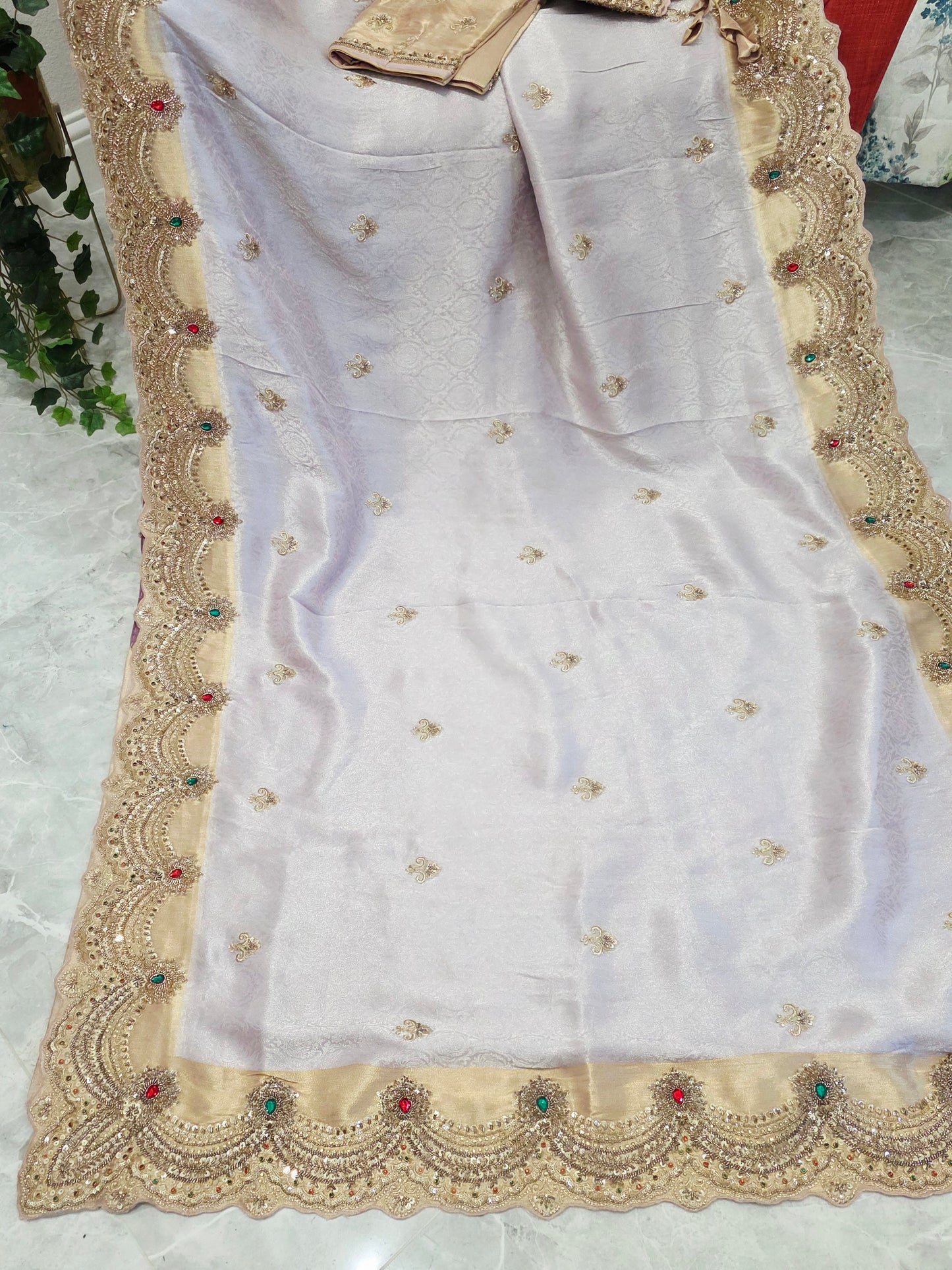 Champagne Lavender Aura Pure Kanjeevaram Tissue Saree with Hand Embroidery | Luxury Party Wear with Stitched Blouse