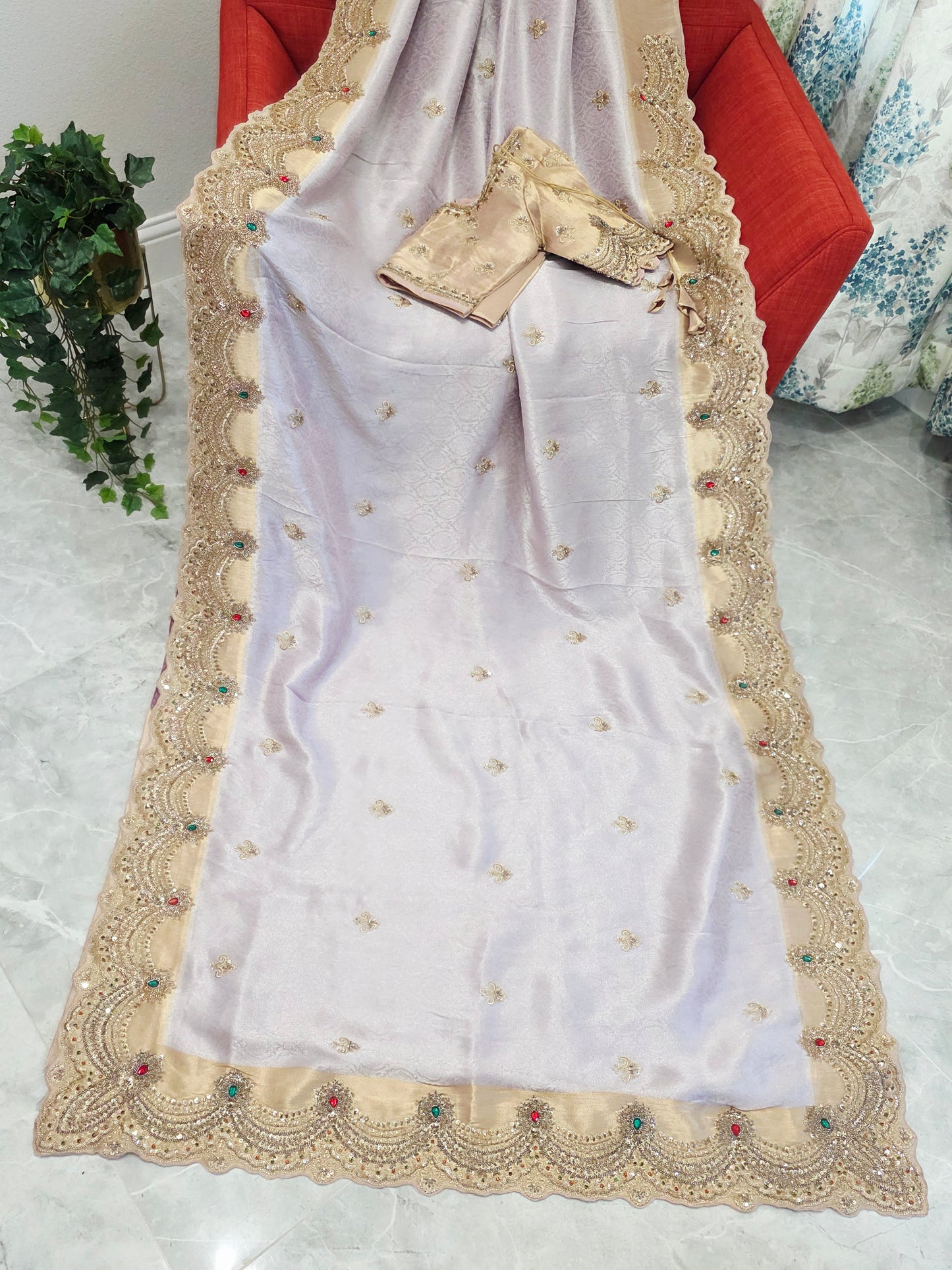 Champagne Lavender Aura Pure Kanjeevaram Tissue Saree with Hand Embroidery | Luxury Party Wear with Stitched Blouse