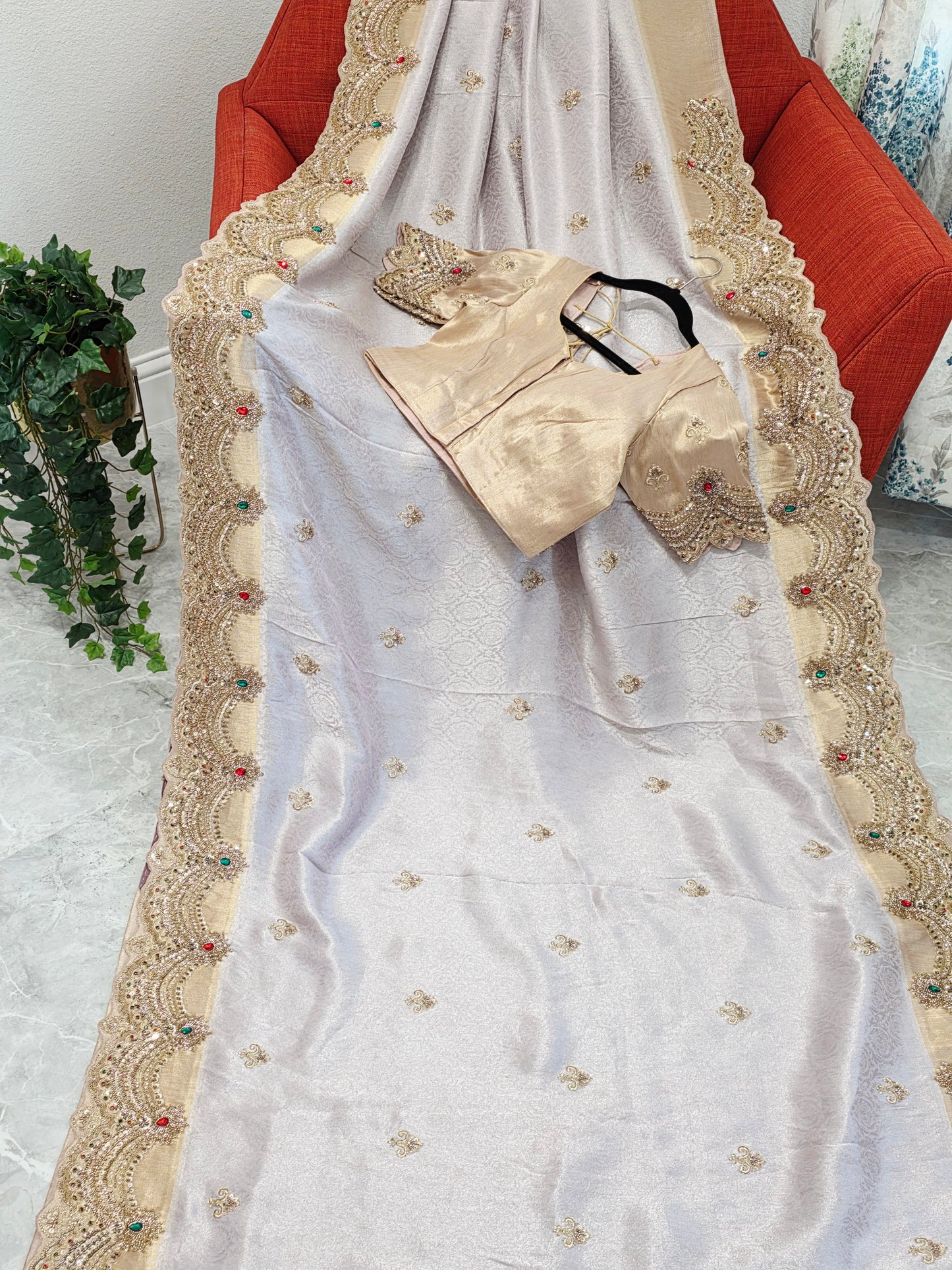 Champagne Lavender Aura Pure Kanjeevaram Tissue Saree with Hand Embroidery | Luxury Party Wear with Stitched Blouse