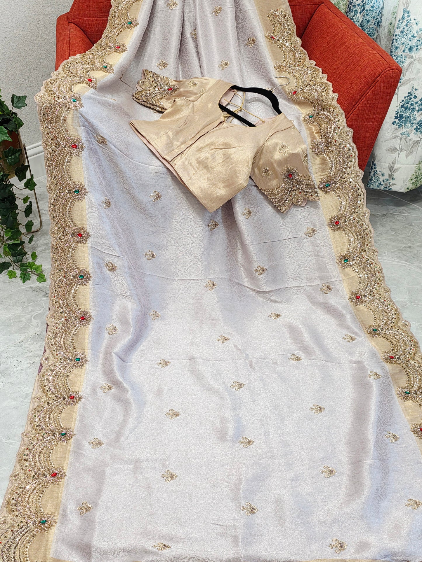 Champagne Lavender Aura Pure Kanjeevaram Tissue Saree with Hand Embroidery | Luxury Party Wear with Stitched Blouse