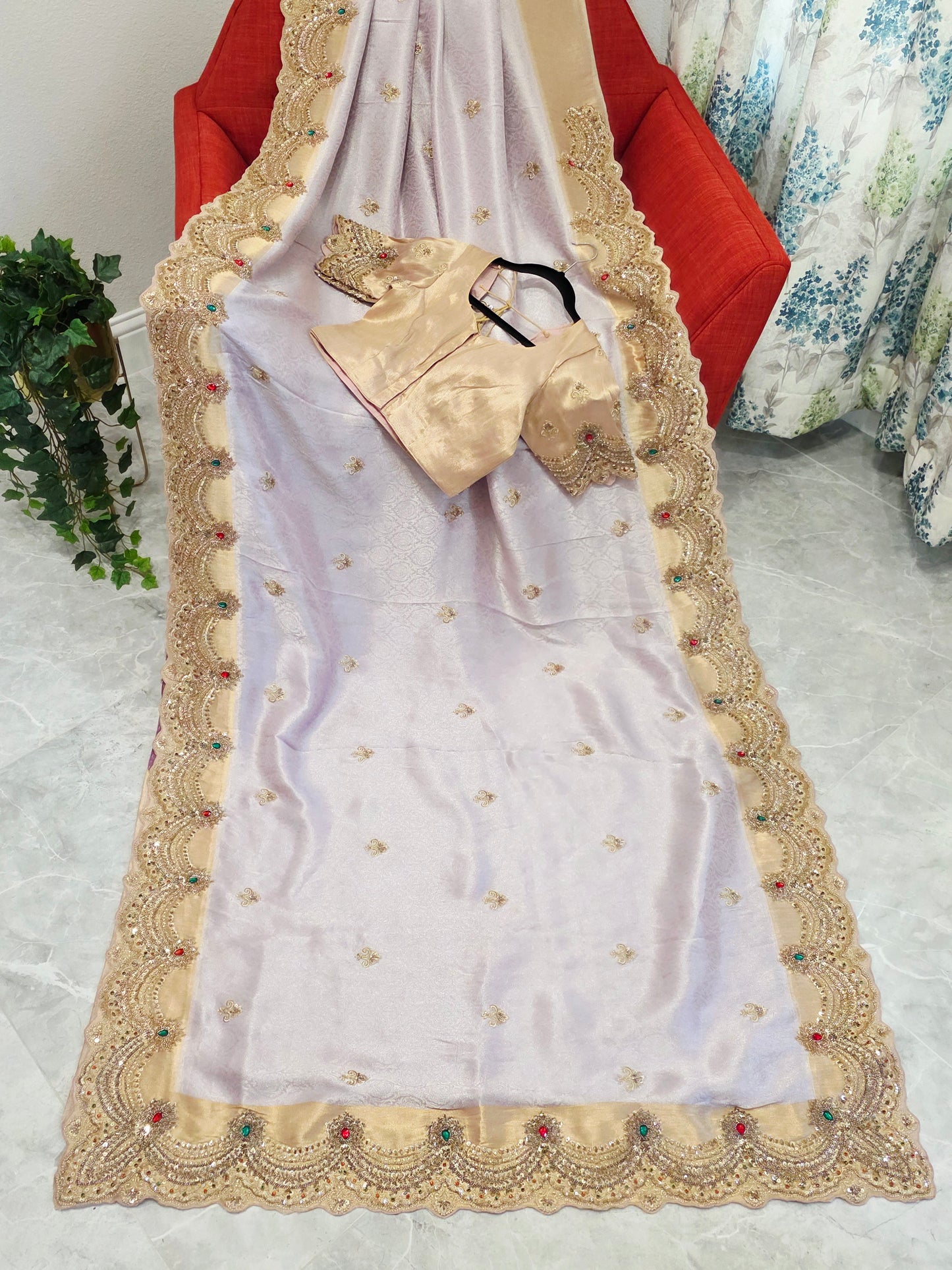 Champagne Lavender Aura Pure Kanjeevaram Tissue Saree with Hand Embroidery | Luxury Party Wear with Stitched Blouse