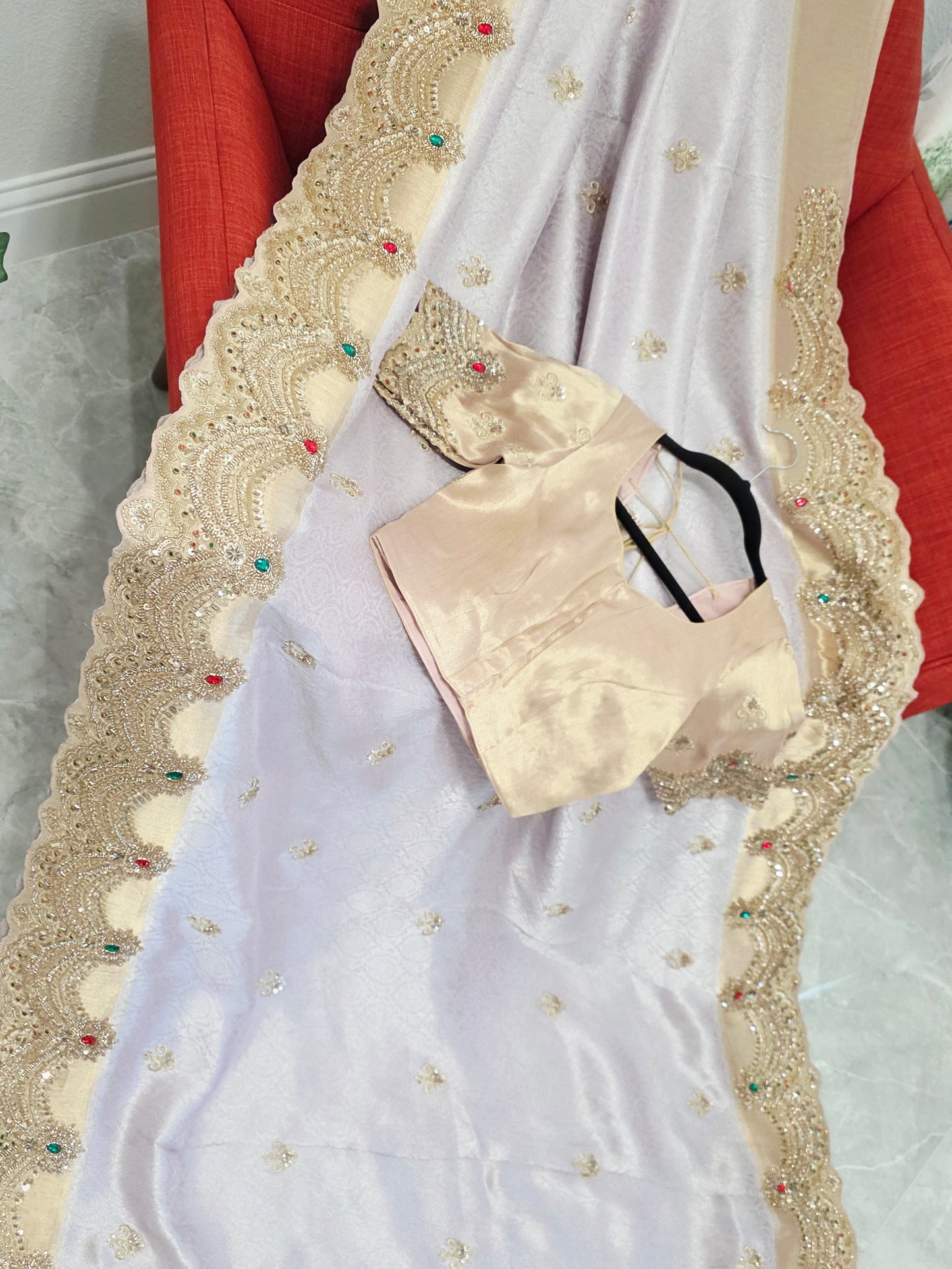 Champagne Lavender Aura Pure Kanjeevaram Tissue Saree with Hand Embroidery | Luxury Party Wear with Stitched Blouse
