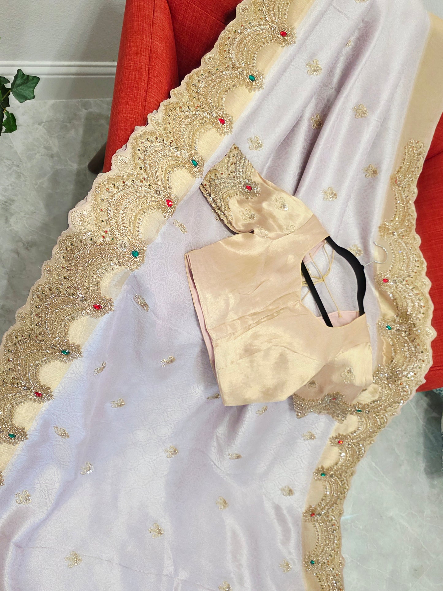 Champagne Lavender Aura Pure Kanjeevaram Tissue Saree with Hand Embroidery | Luxury Party Wear with Stitched Blouse