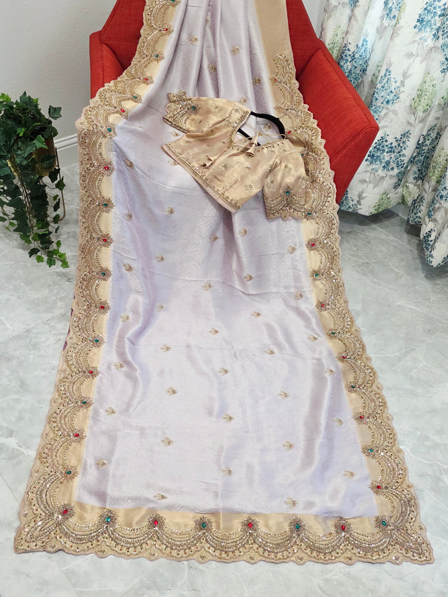 Champagne Lavender Aura Pure Kanjeevaram Tissue Saree with Hand Embroidery | Luxury Party Wear with Stitched Blouse