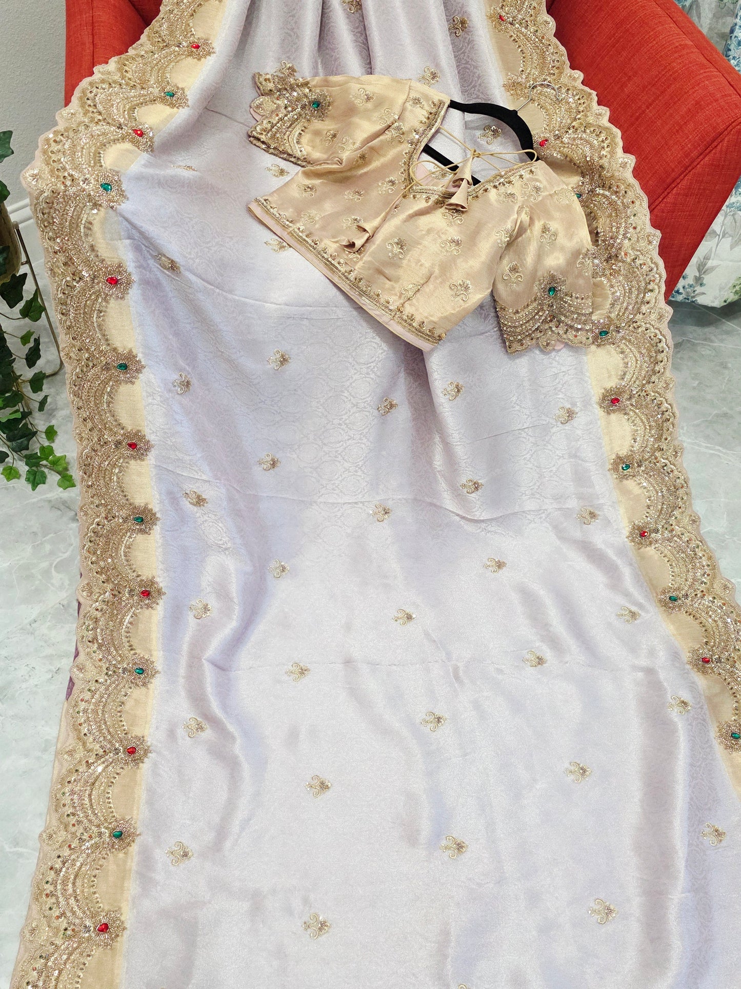 Champagne Lavender Aura Pure Kanjeevaram Tissue Saree with Hand Embroidery | Luxury Party Wear with Stitched Blouse
