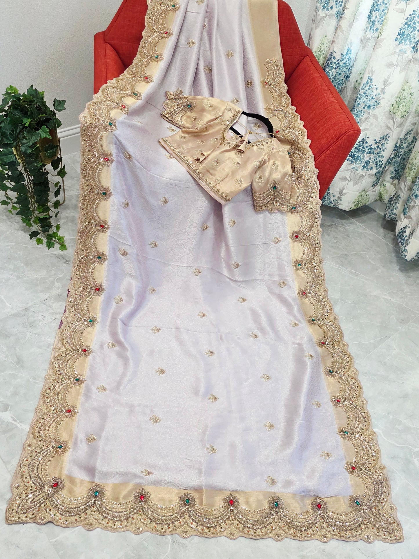 Champagne Lavender Aura Pure Kanjeevaram Tissue Saree with Hand Embroidery | Luxury Party Wear with Stitched Blouse