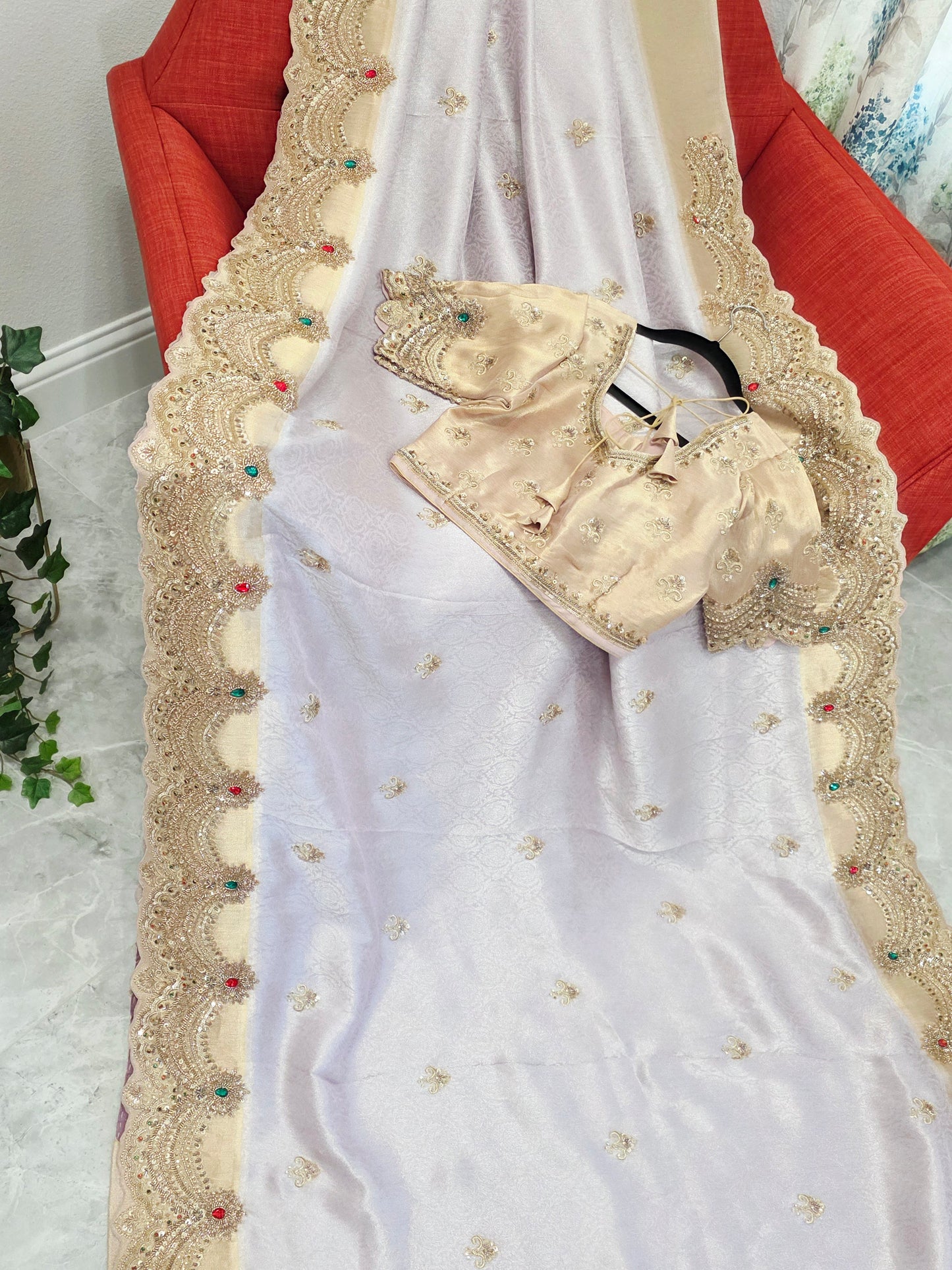 Champagne Lavender Aura Pure Kanjeevaram Tissue Saree with Hand Embroidery | Luxury Party Wear with Stitched Blouse