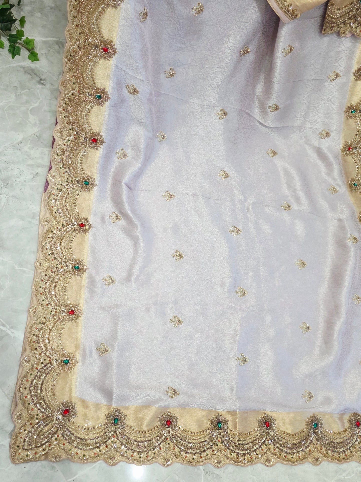 Champagne Lavender Aura Pure Kanjeevaram Tissue Saree with Hand Embroidery | Luxury Party Wear with Stitched Blouse