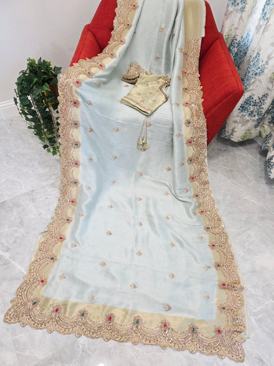 Celestial Mint Gold Aura Pure Kanjeevaram Tissue Saree with Hand-Embroidered Scalloped Border & Designer Blouse