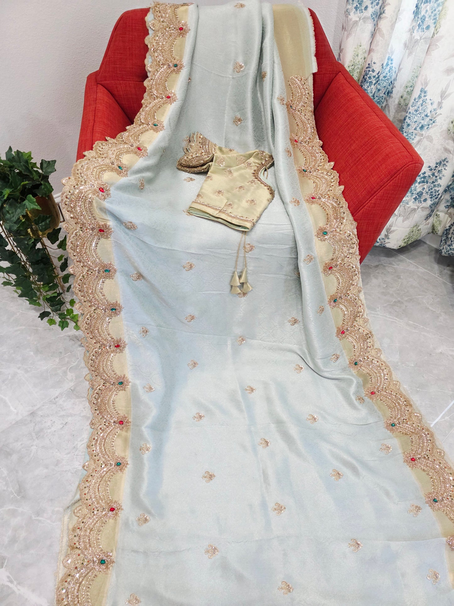 Celestial Mint Gold Aura Pure Kanjeevaram Tissue Saree with Hand-Embroidered Scalloped Border & Designer Blouse
