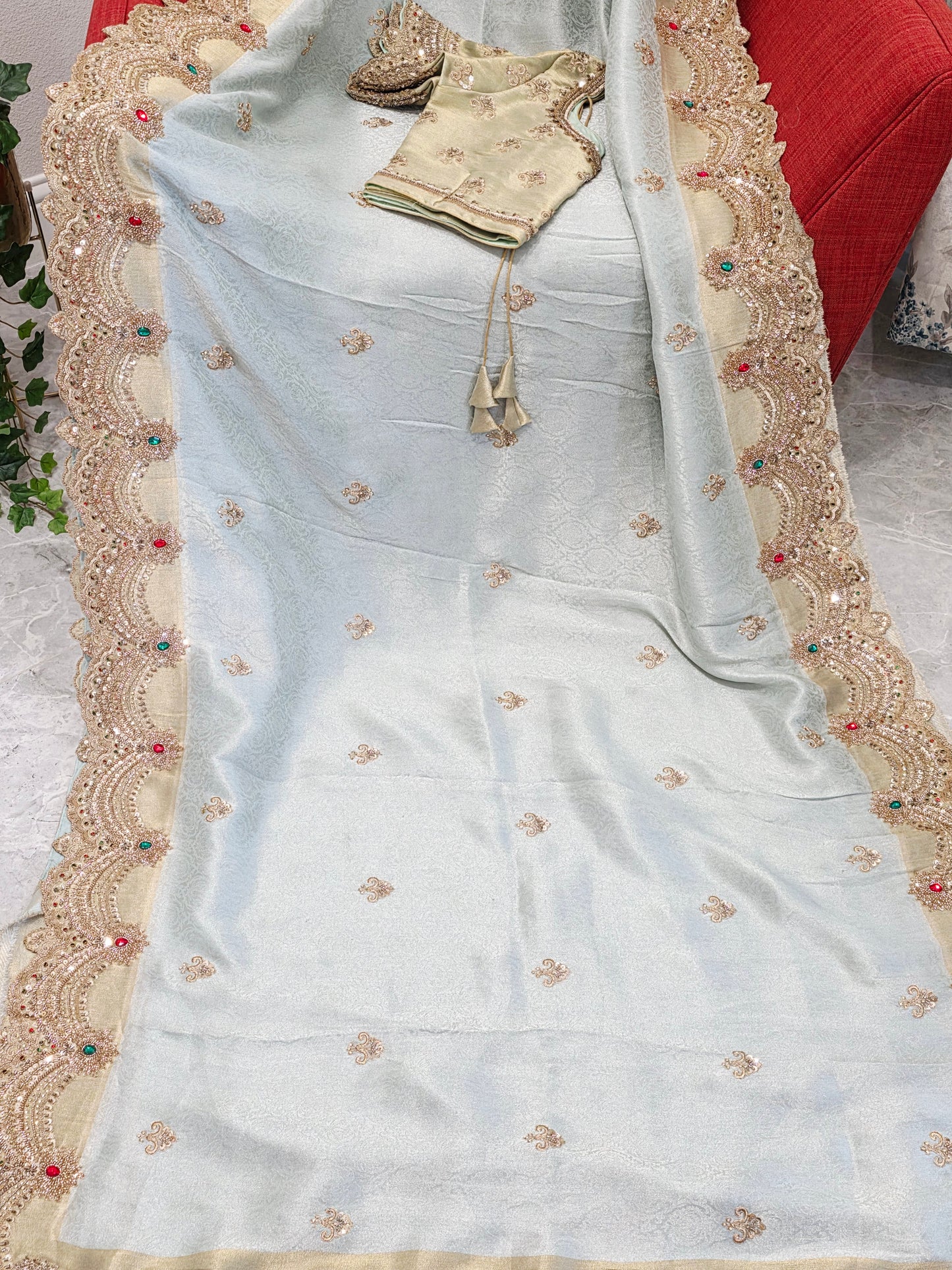 Celestial Mint Gold Aura Pure Kanjeevaram Tissue Saree with Hand-Embroidered Scalloped Border & Designer Blouse