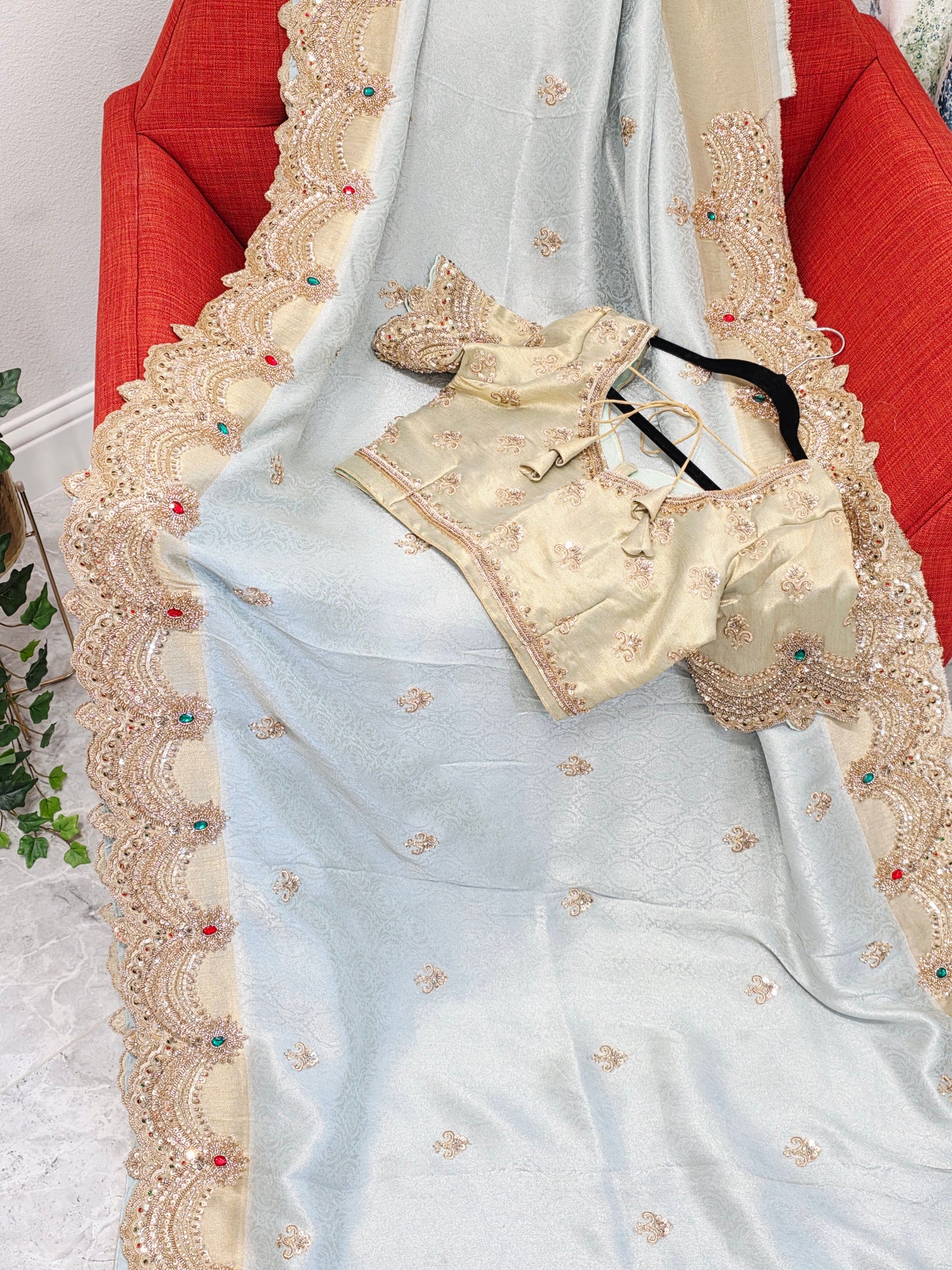 Celestial Mint Gold Aura Pure Kanjeevaram Tissue Saree with Hand-Embroidered Scalloped Border & Designer Blouse