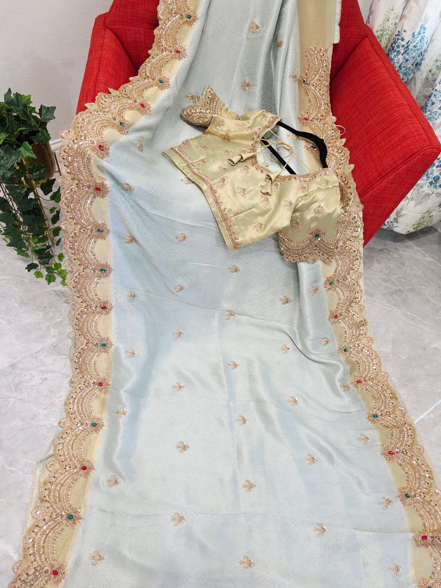 Celestial Mint Gold Aura Pure Kanjeevaram Tissue Saree with Hand-Embroidered Scalloped Border & Designer Blouse