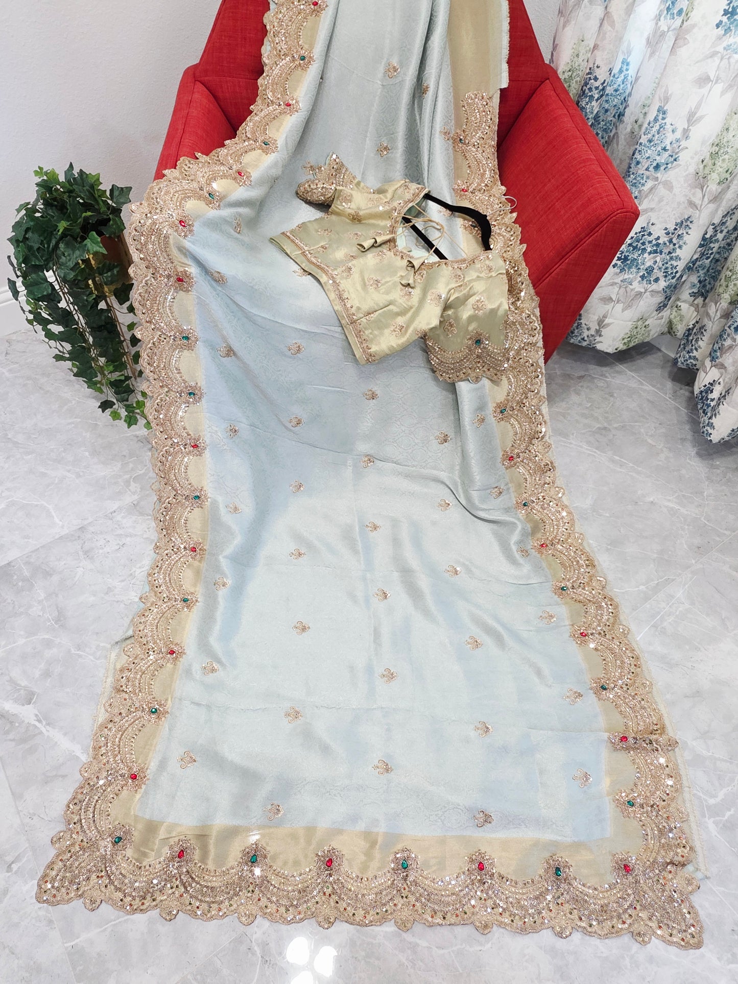 Celestial Mint Gold Aura Pure Kanjeevaram Tissue Saree with Hand-Embroidered Scalloped Border & Designer Blouse